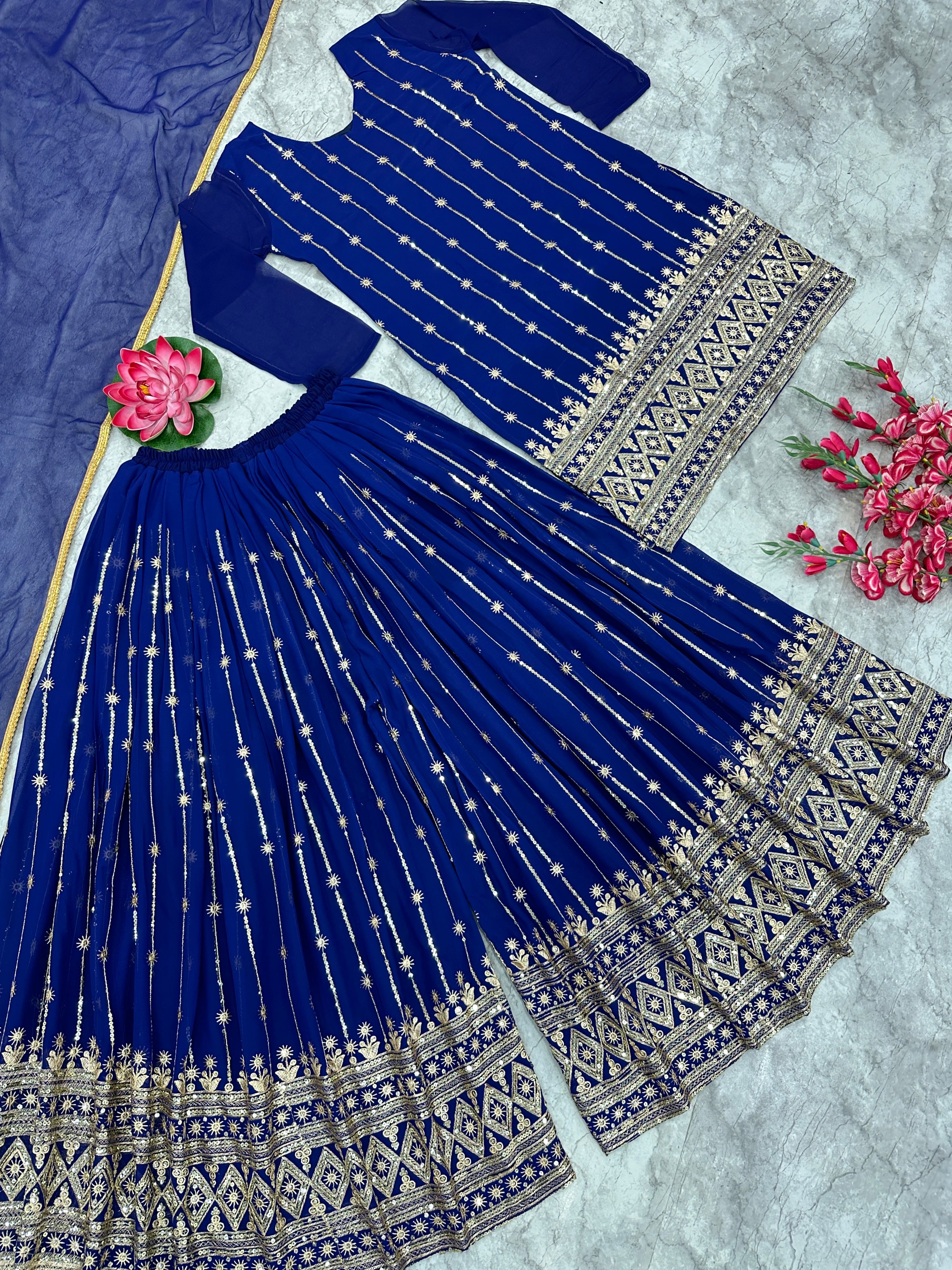 कढ़ाई के काम के साथ डिज़ाइनर पार्टी वियर टॉप बॉटम और दुपट्टा