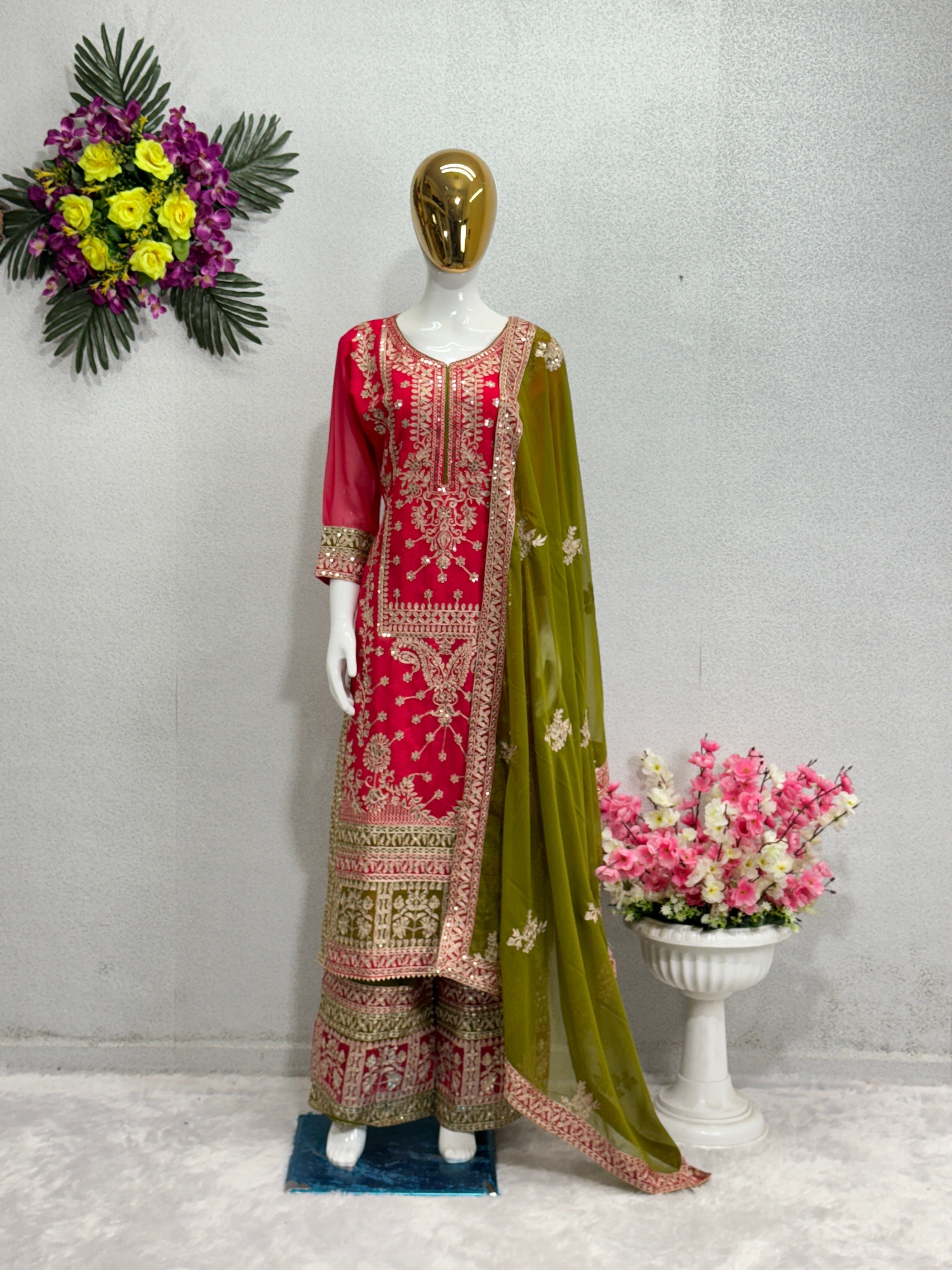 Beautiful Party Wear Top Plazzo And Dupatta With Dimond Work