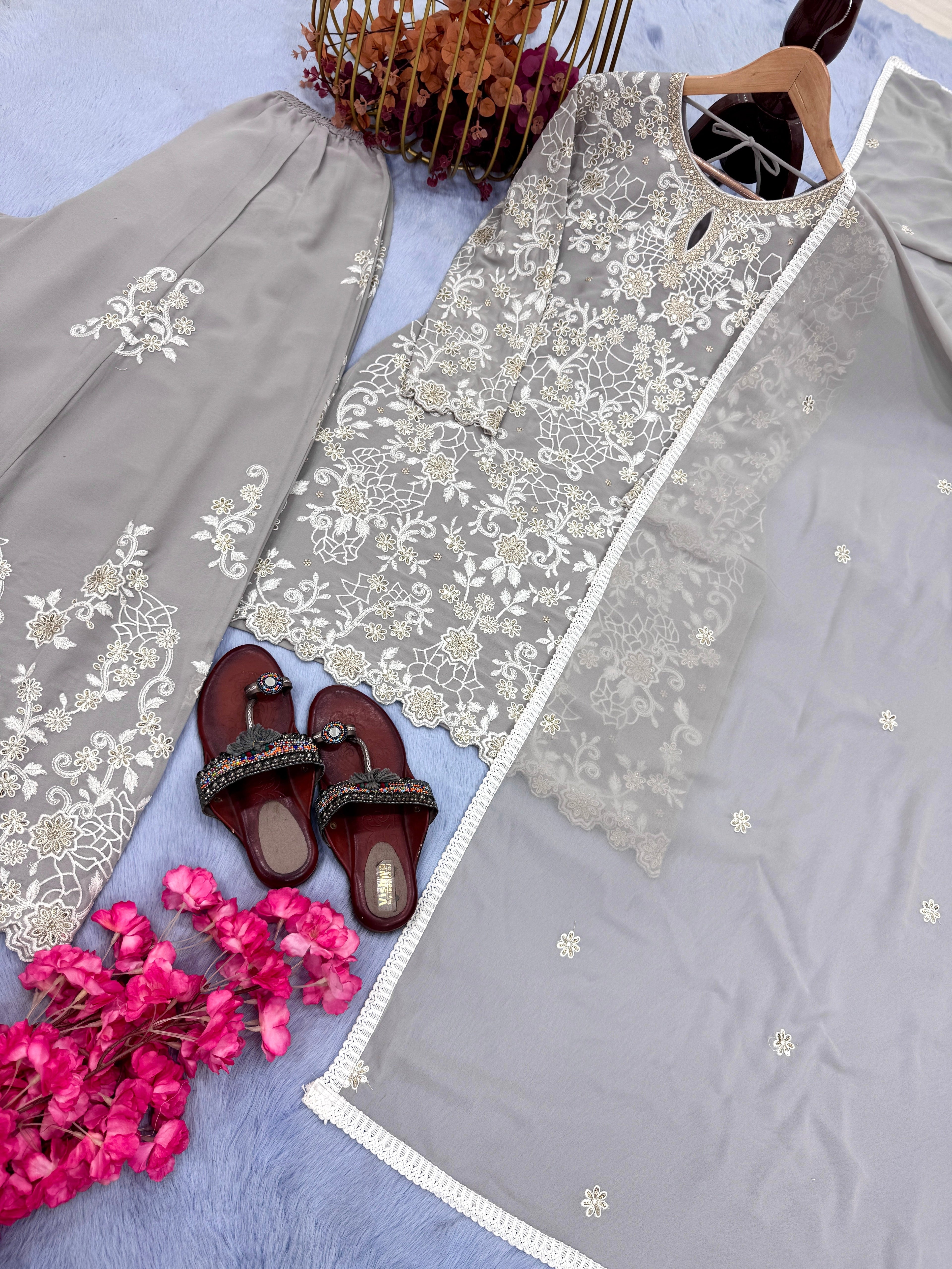 Party Wear Look Pure Heavy Faux Georgette Top Plazzo & Dupatta Set