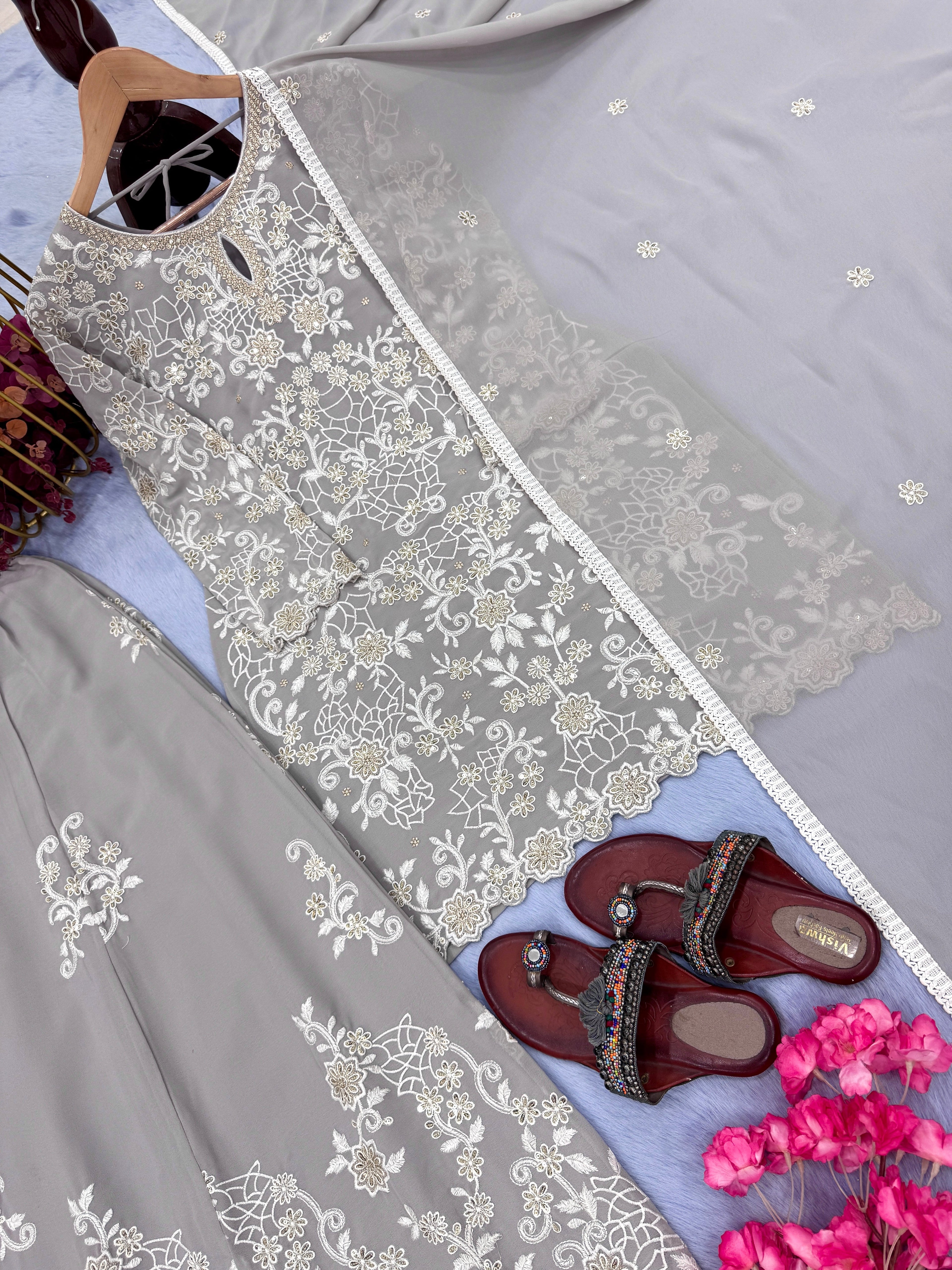 Party Wear Look Pure Heavy Faux Georgette Top Plazzo & Dupatta Set