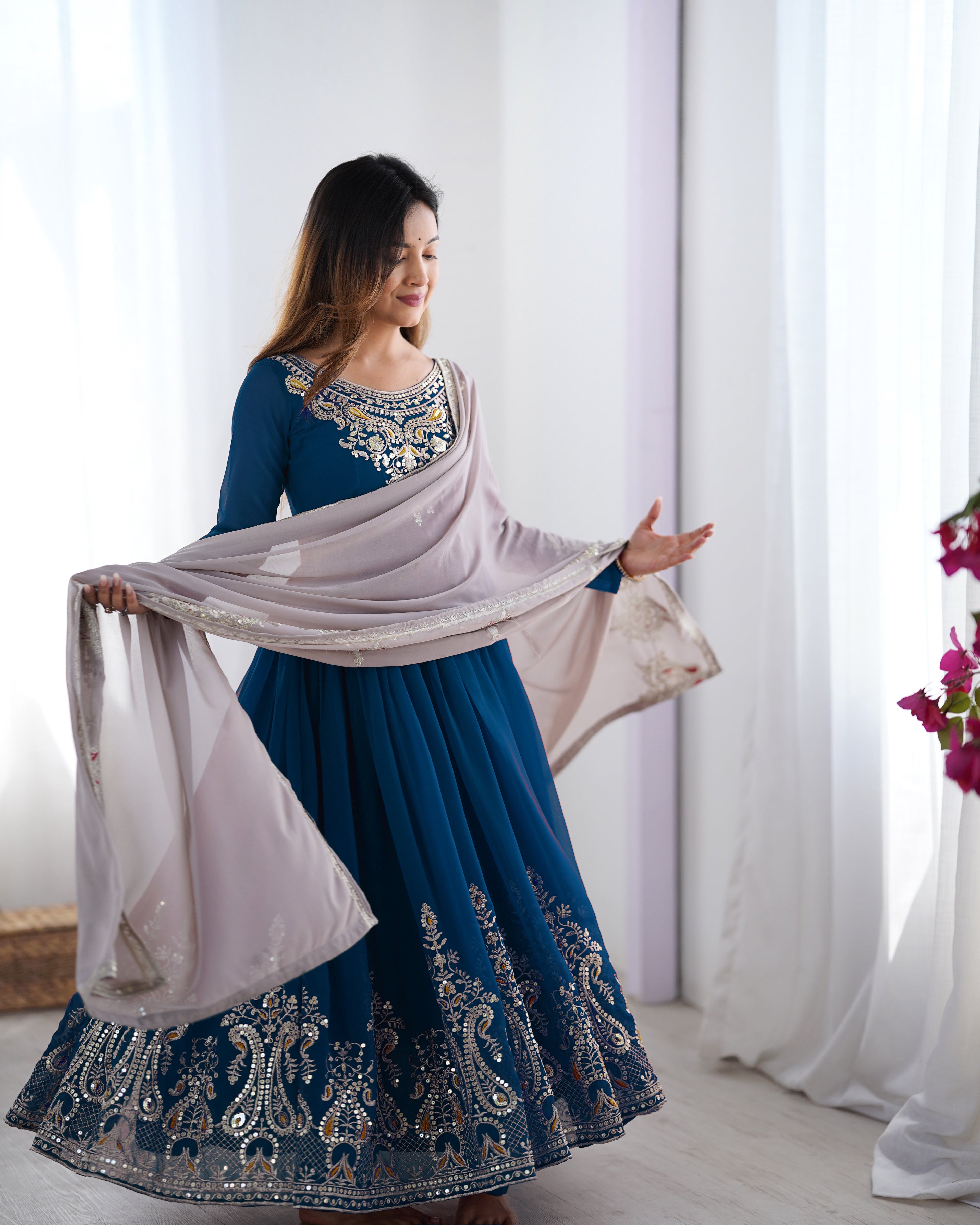 Designer Gown-Dupatta in Heavy Multi Thread Embroidery Sequence Work