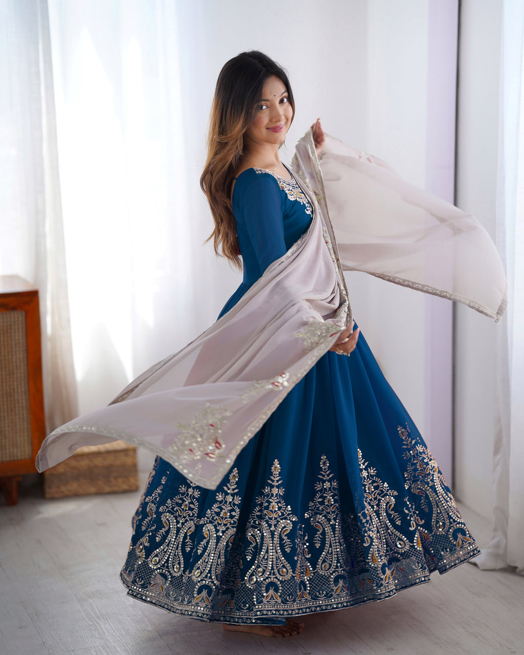 Designer Gown-Dupatta in Heavy Multi Thread Embroidery Sequence Work