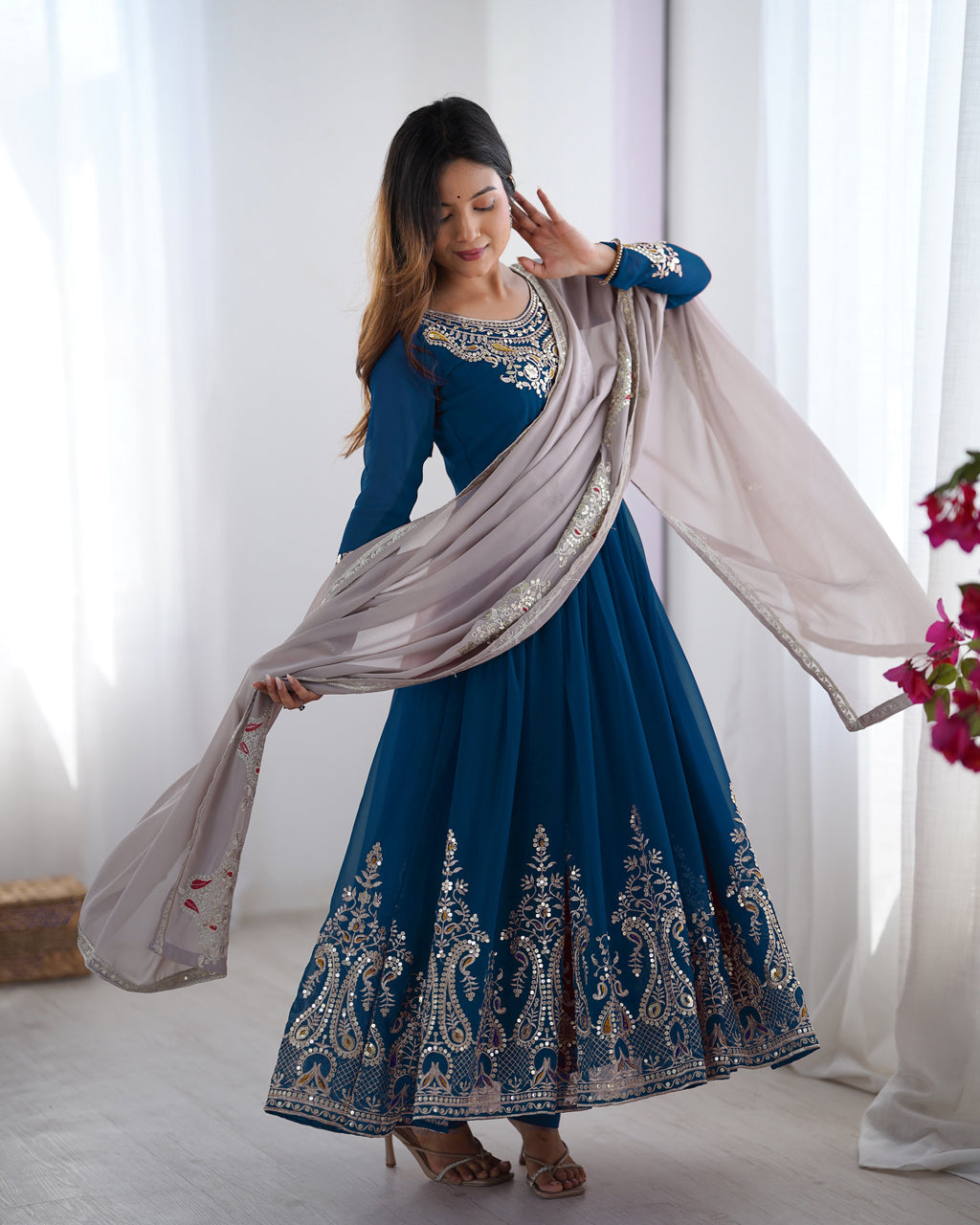 Designer Gown-Dupatta in Heavy Multi Thread Embroidery Sequence Work