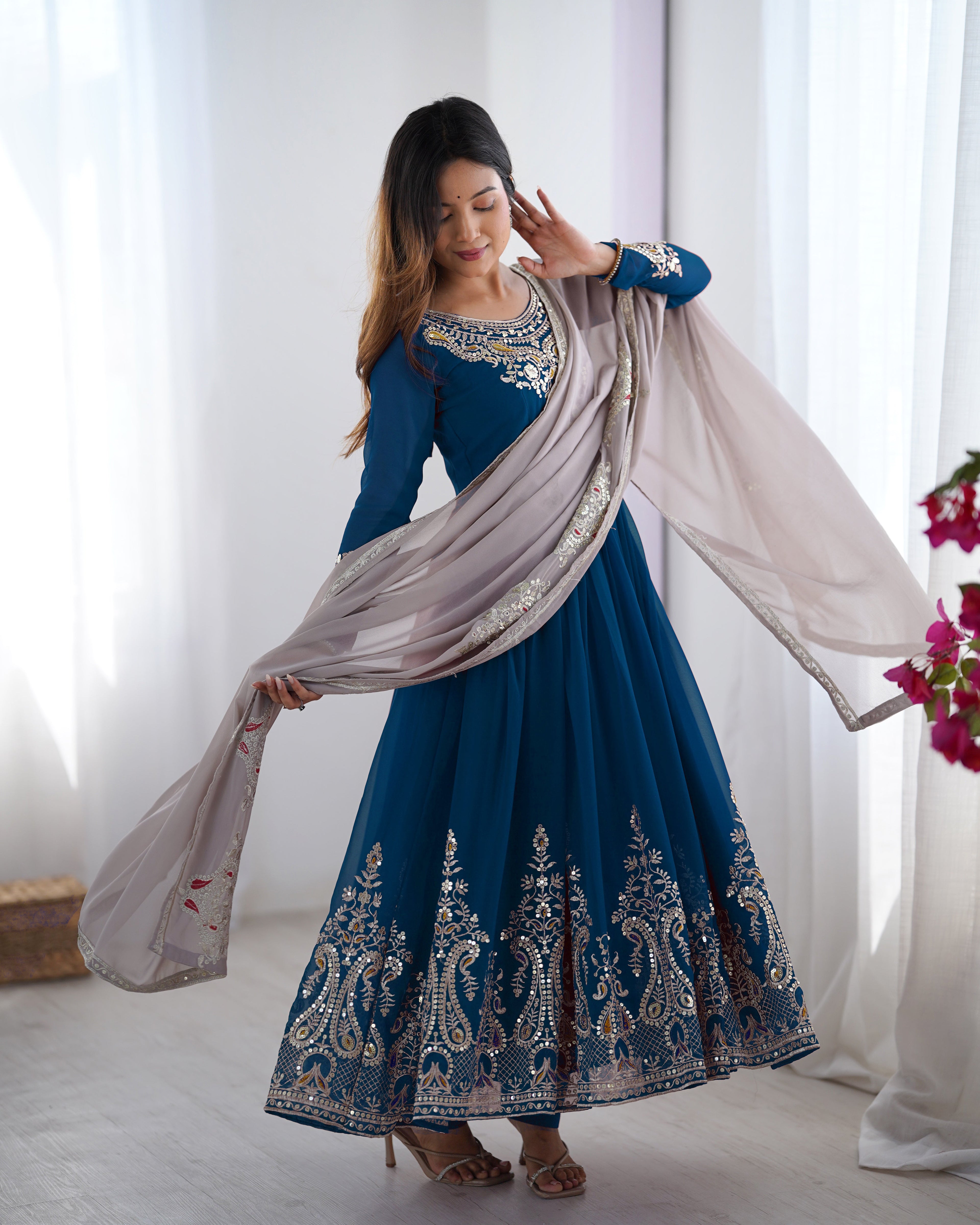 Designer Gown-Dupatta in Heavy Multi Thread Embroidery Sequence Work