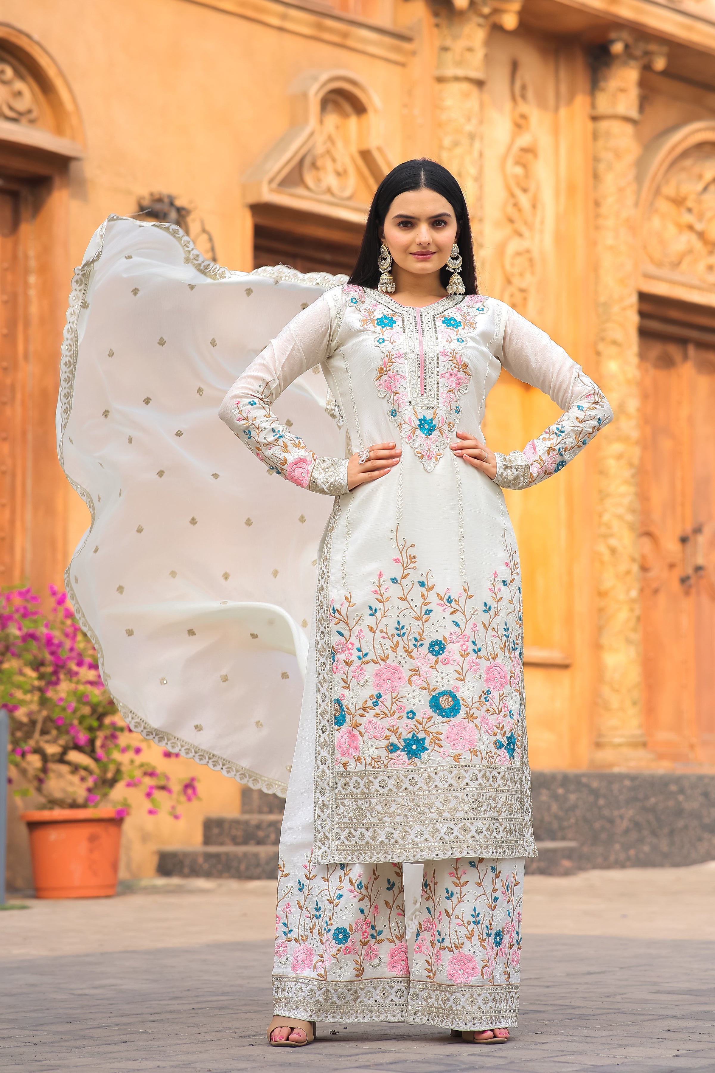 Designer Party Wear Look Pure Chinon Silk Top Plazzo & Dupatta Set