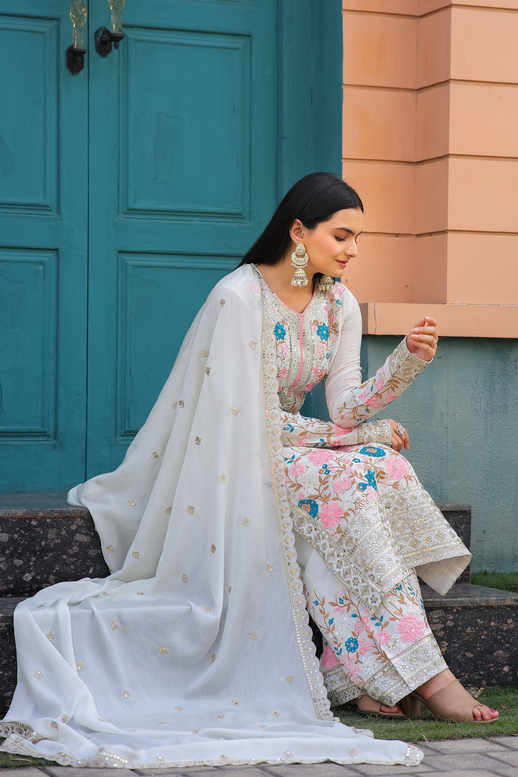 Designer Party Wear Look Pure Chinon Silk Top Plazzo & Dupatta Set