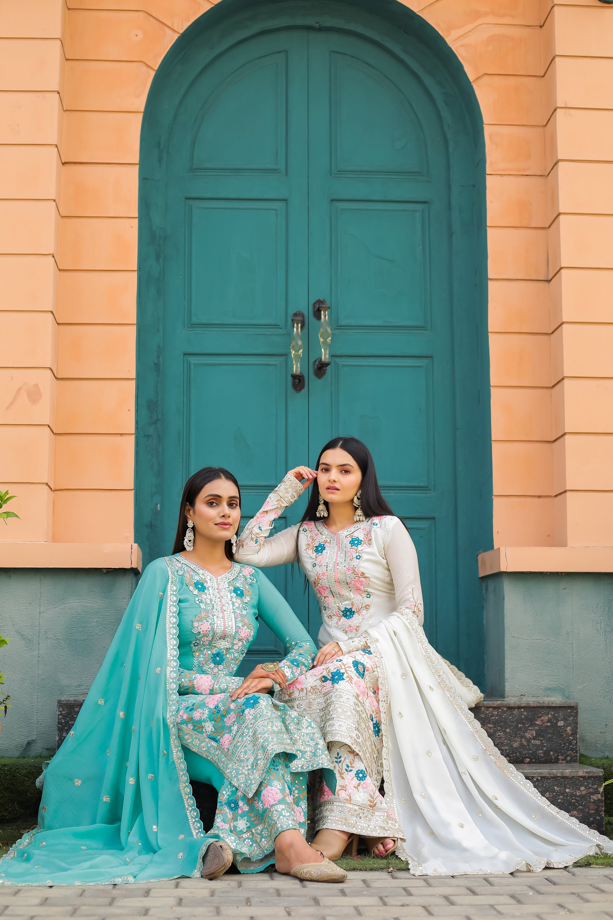 Designer Party Wear Look Pure Chinon Silk Top Plazzo & Dupatta Set