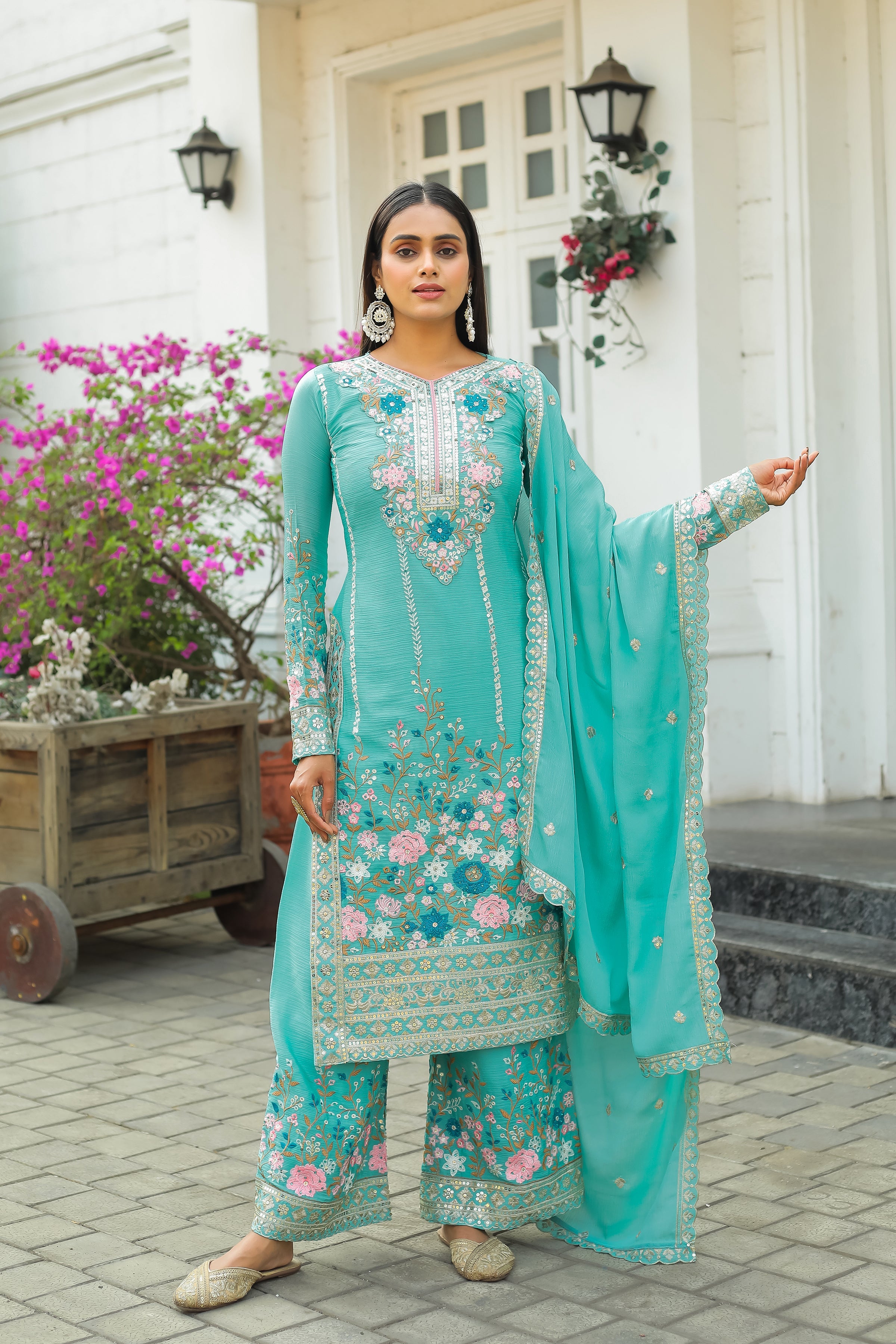 Designer Party Wear Look Pure Chinon Silk Top Plazzo & Dupatta Set