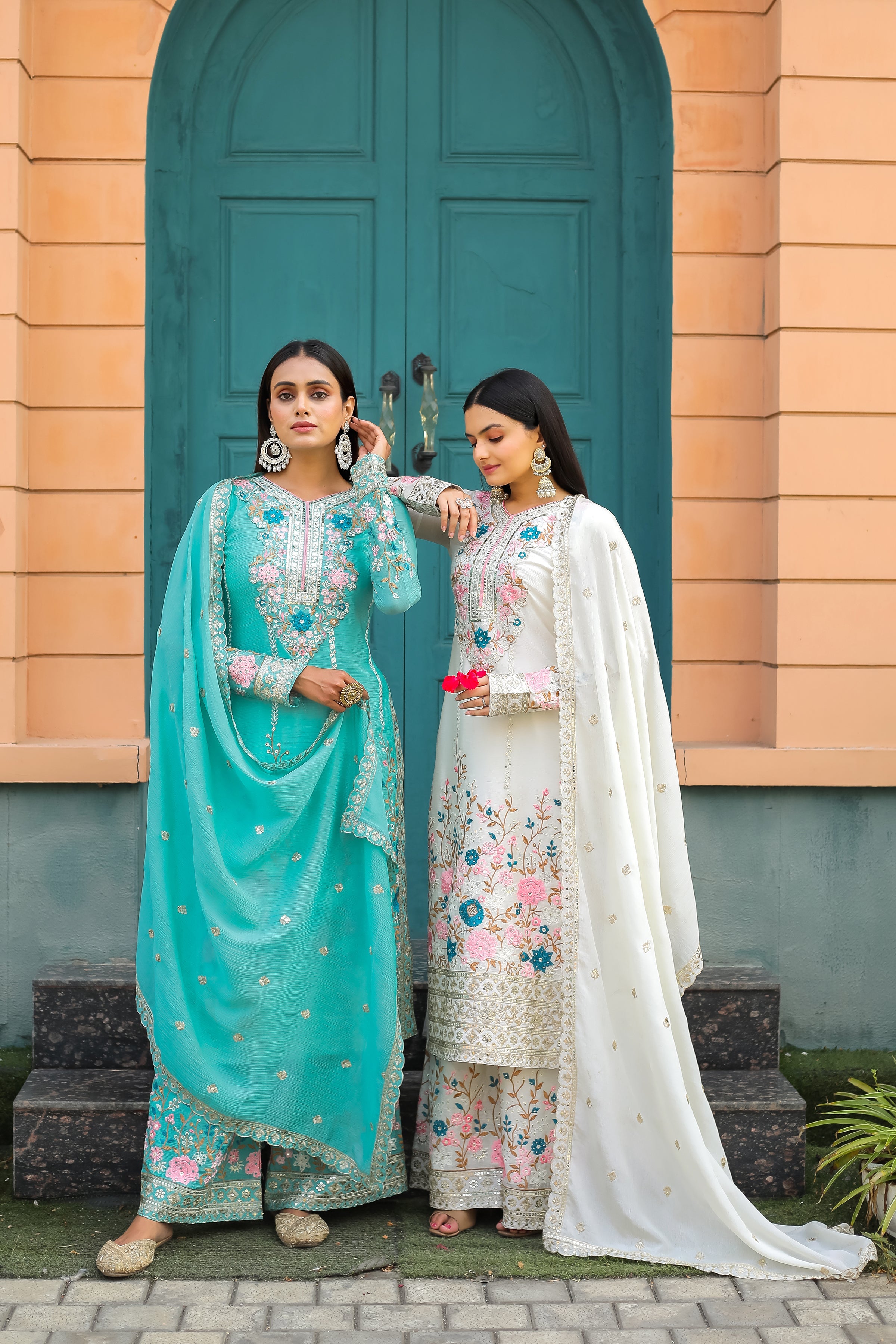 Designer Party Wear Look Pure Chinon Silk Top Plazzo & Dupatta Set