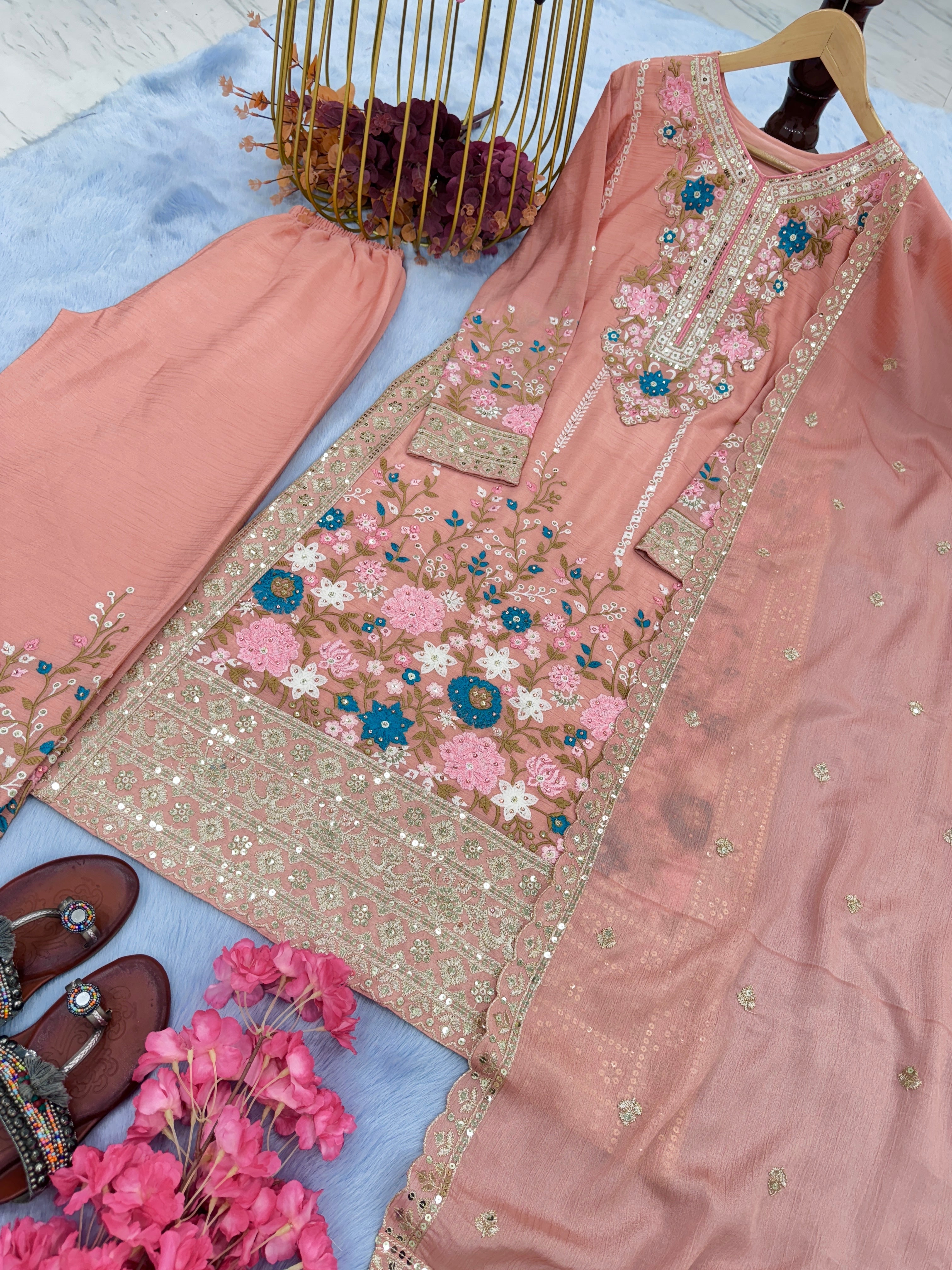 Designer Party Wear Look Pure Chinon Silk Top Plazzo & Dupatta Set