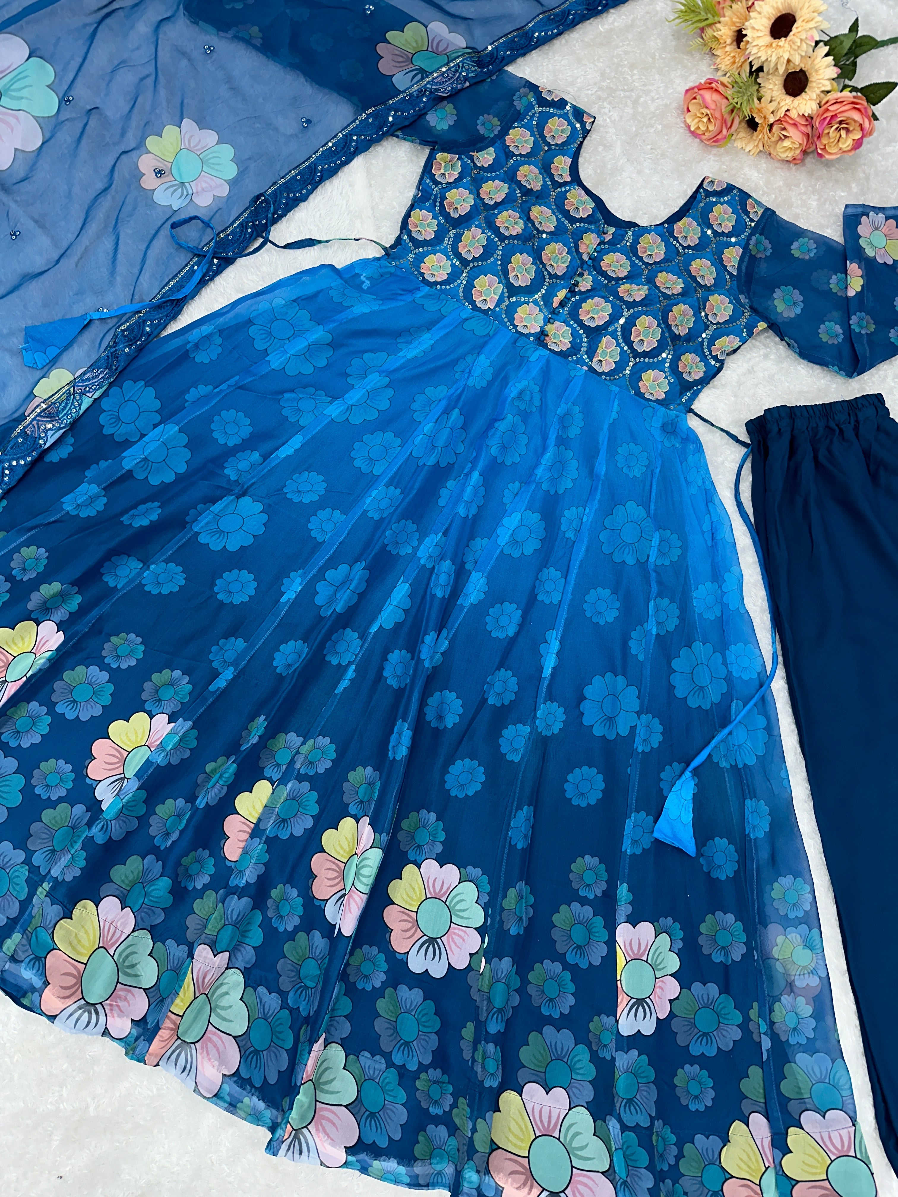 Party Wear Designer Gown Pent And Dupatta With Digital Work