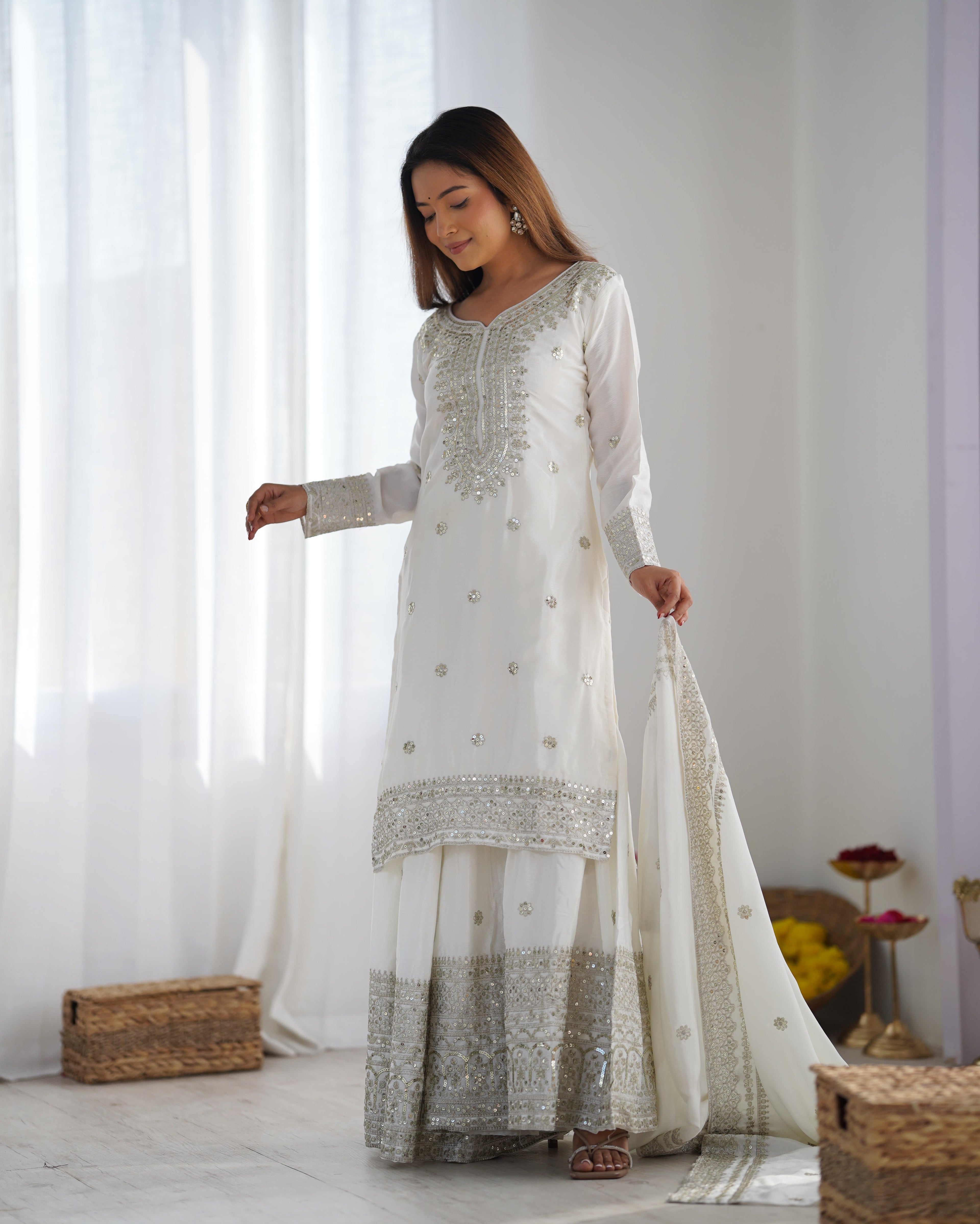 Beautiful Top-Plazo And Dupatta With Heavy Embroidery Sequence Work