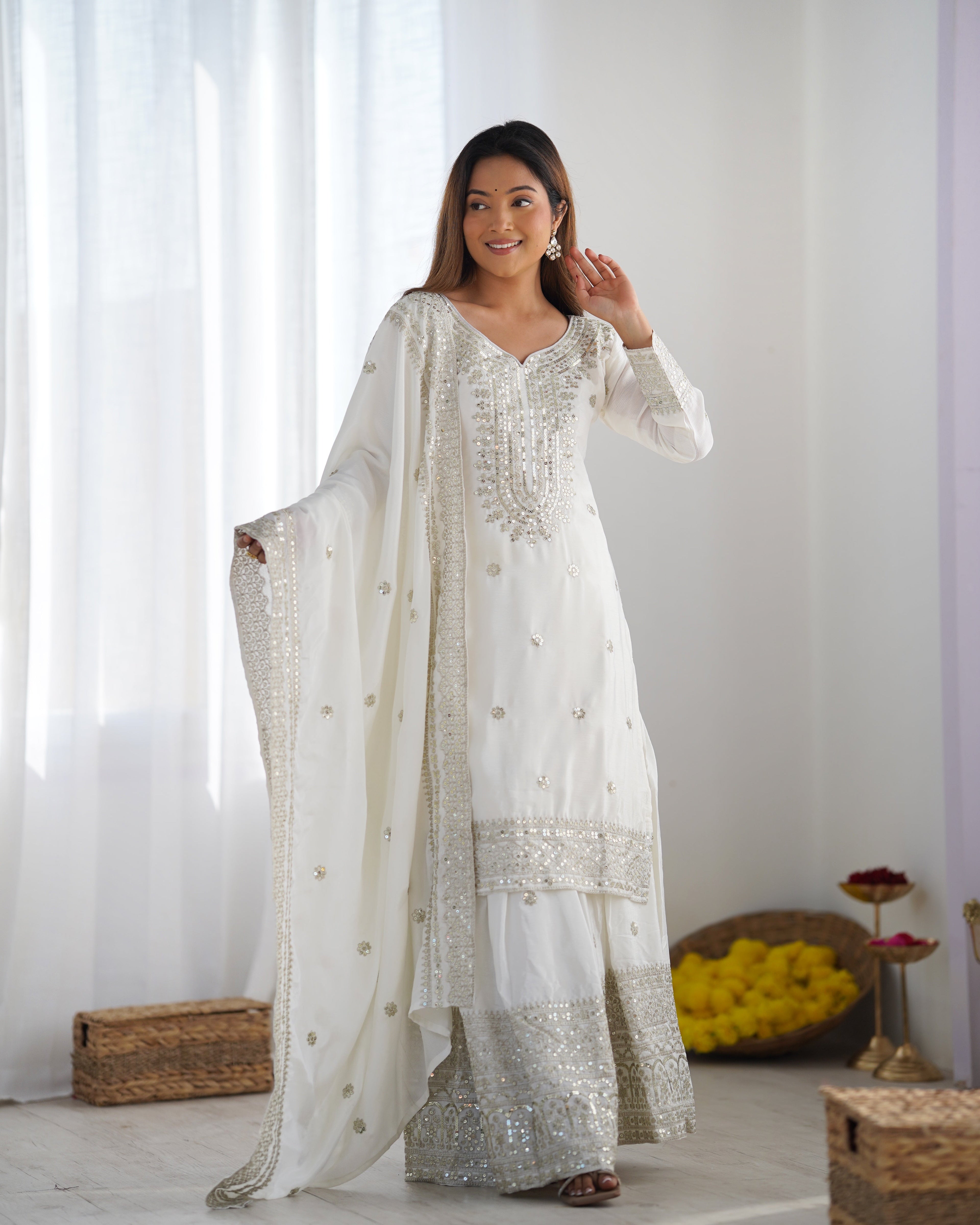 Beautiful Top-Plazo And Dupatta With Heavy Embroidery Sequence Work