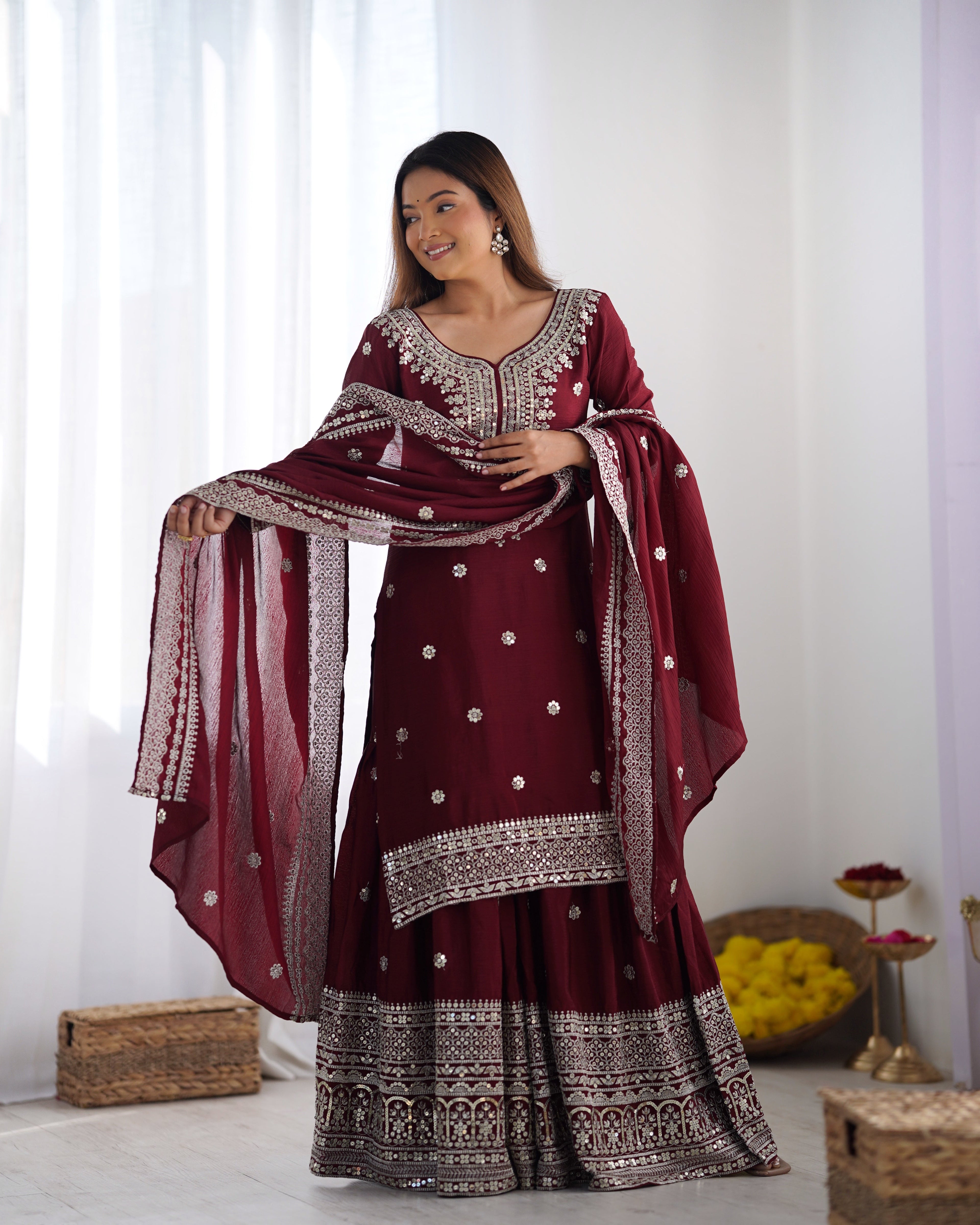 Beautiful Top-Plazo And Dupatta With Heavy Embroidery Sequence Work
