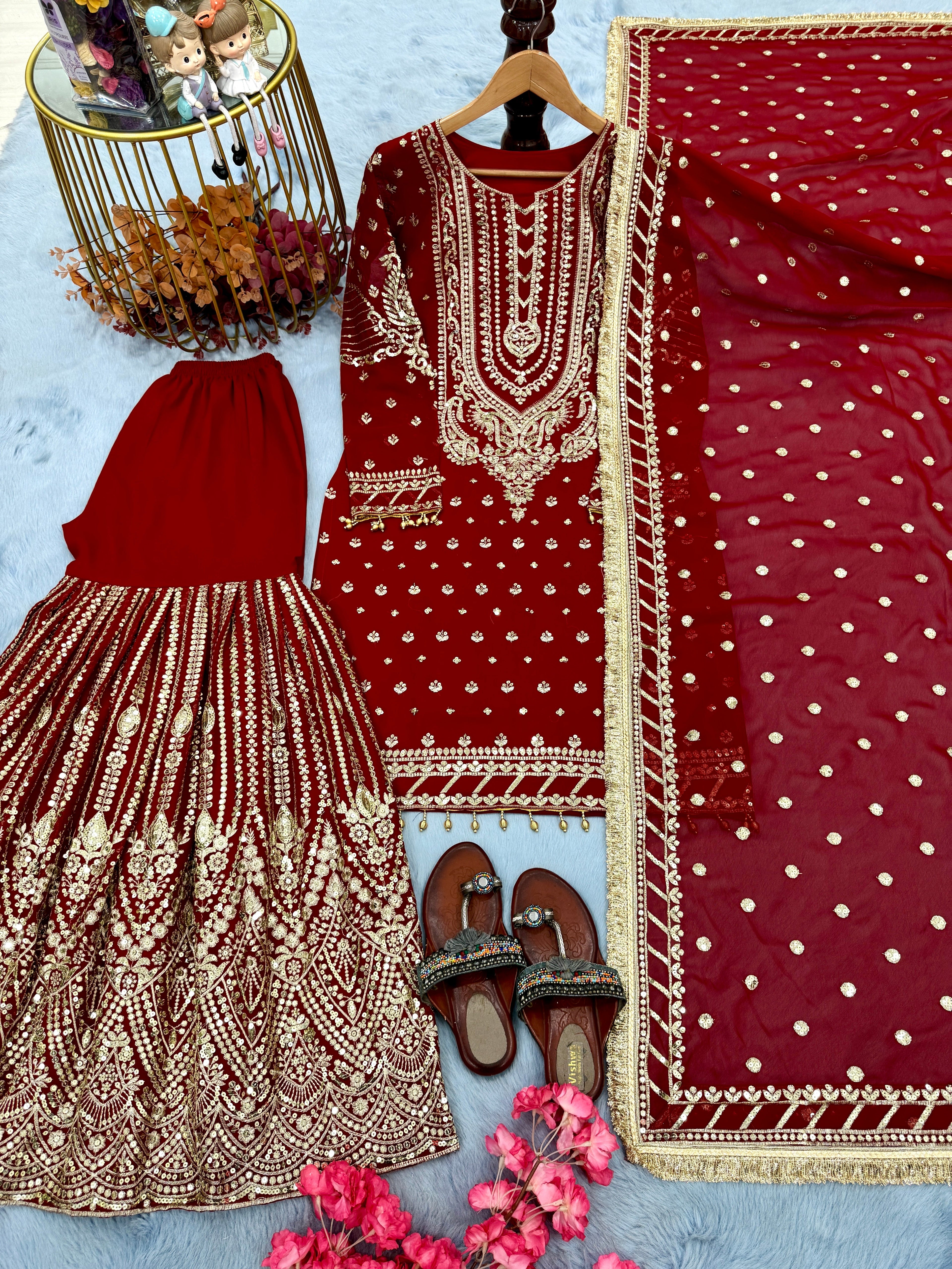 डिज़ाइनर पार्टी वियर लुक हैवी फॉक्स जॉर्जेट टॉप प्लाज़ो और दुपट्टा सेट