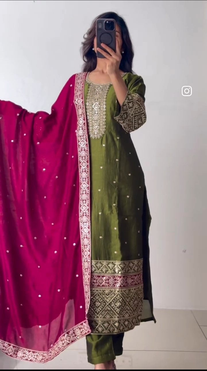 पार्टी वियर टॉप-पेंट और दुपट्टा कढ़ाई सीक्वेंस वर्क के साथ