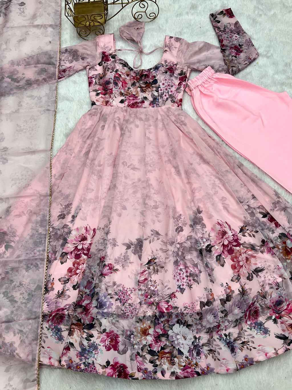 Party Wear Anarkali Gown And Pent With Dupatta With Floral Print