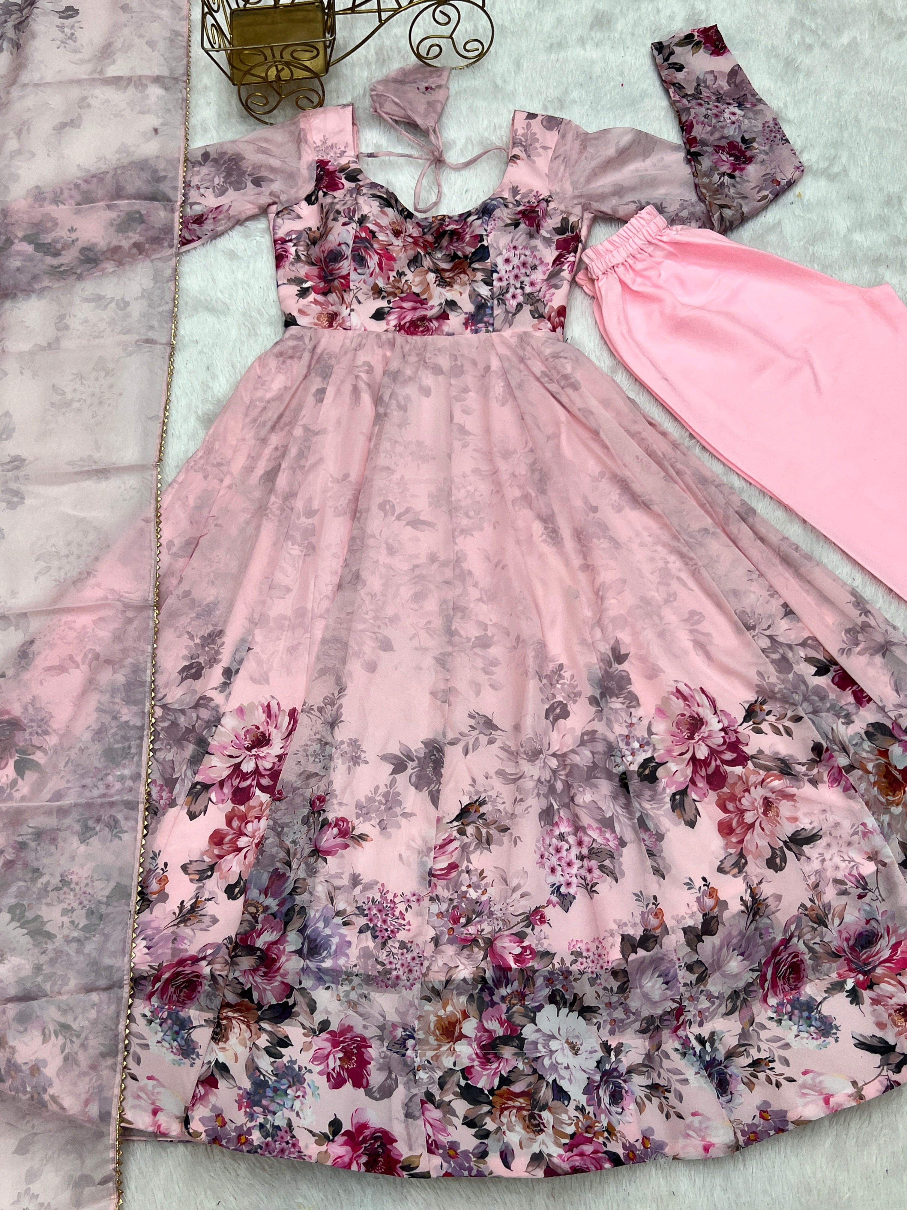 Party Wear Anarkali Gown And Pent With Dupatta With Floral Print