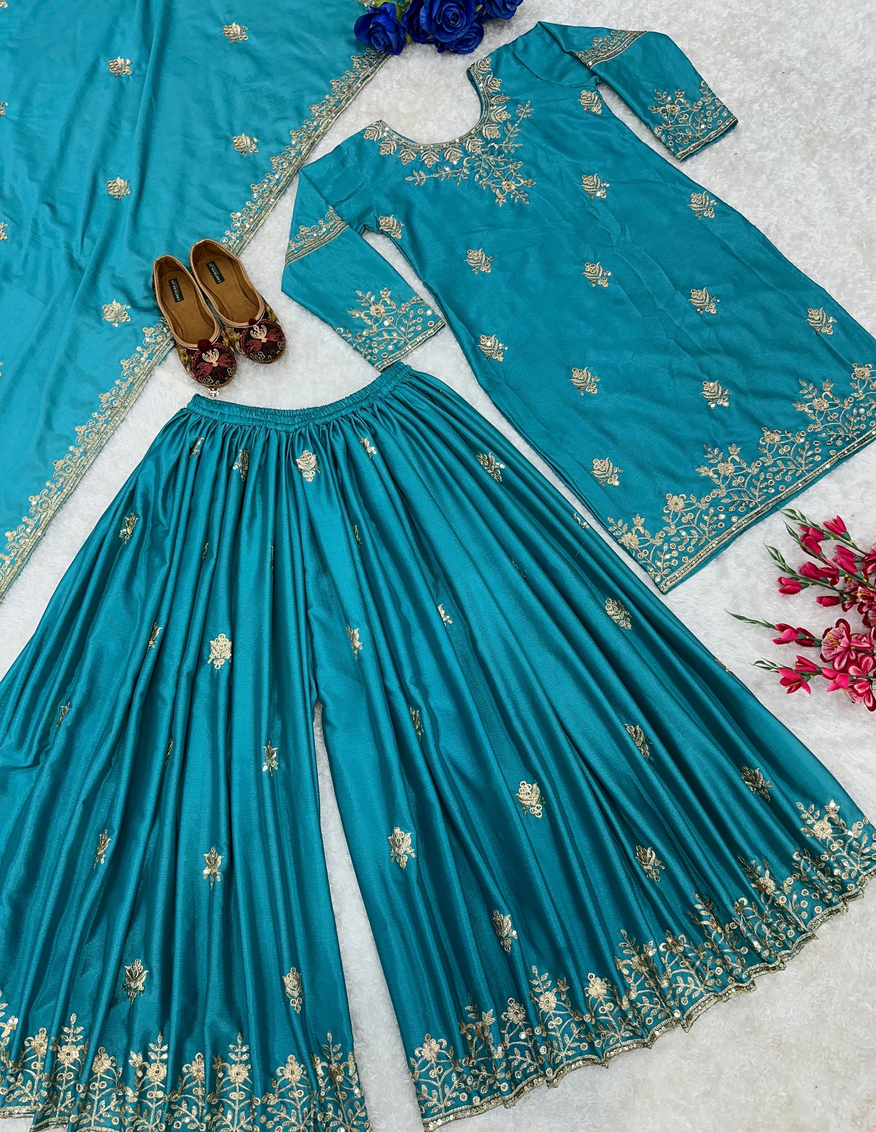 Beautiful Party Wear Top And Sharara With Fancy Dupatta