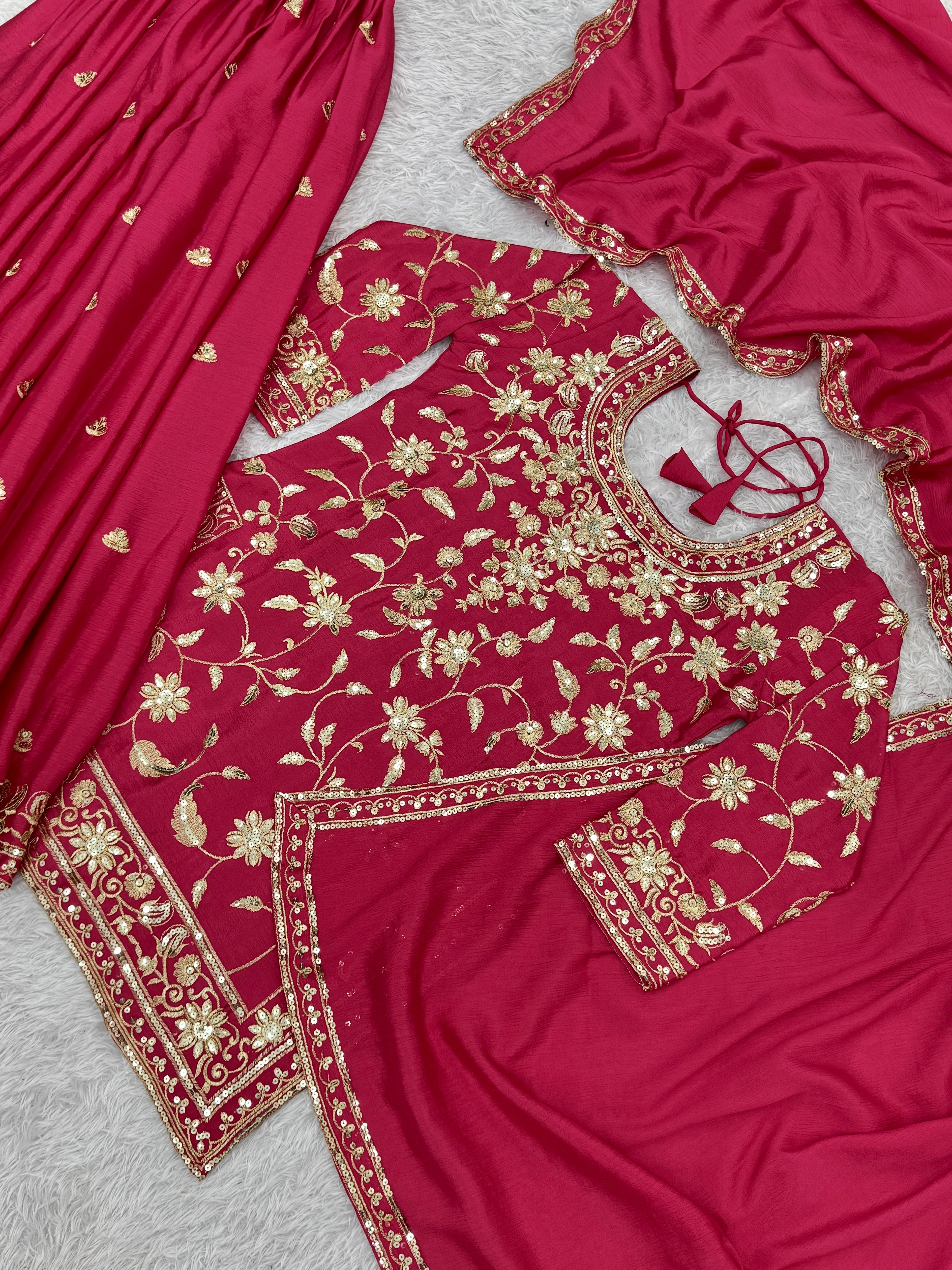 Beautiful Top-Plazzo And Dupatta  With Embroidery Sequence Work