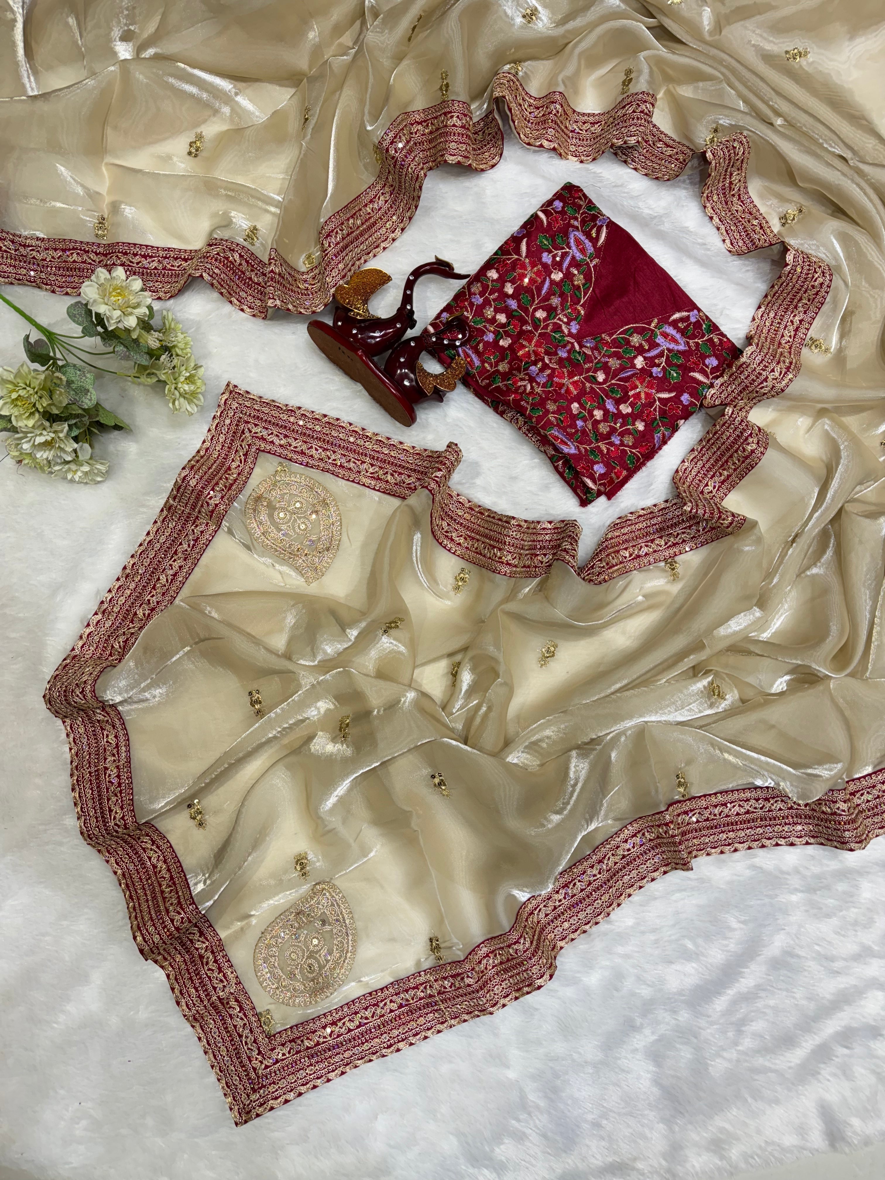 Designer Saree With Sequins And Cording Embroidered Work