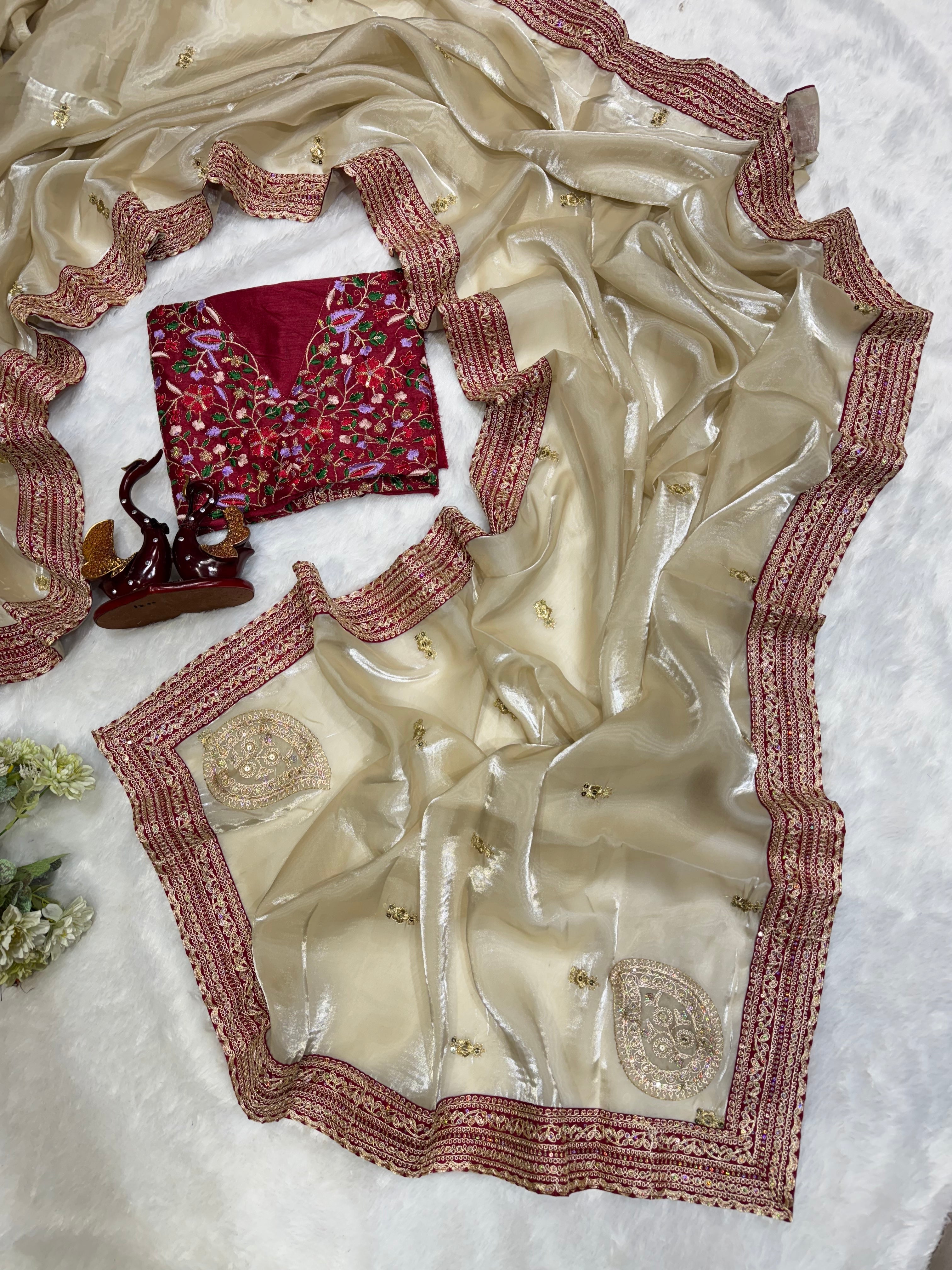Designer Saree With Sequins And Cording Embroidered Work
