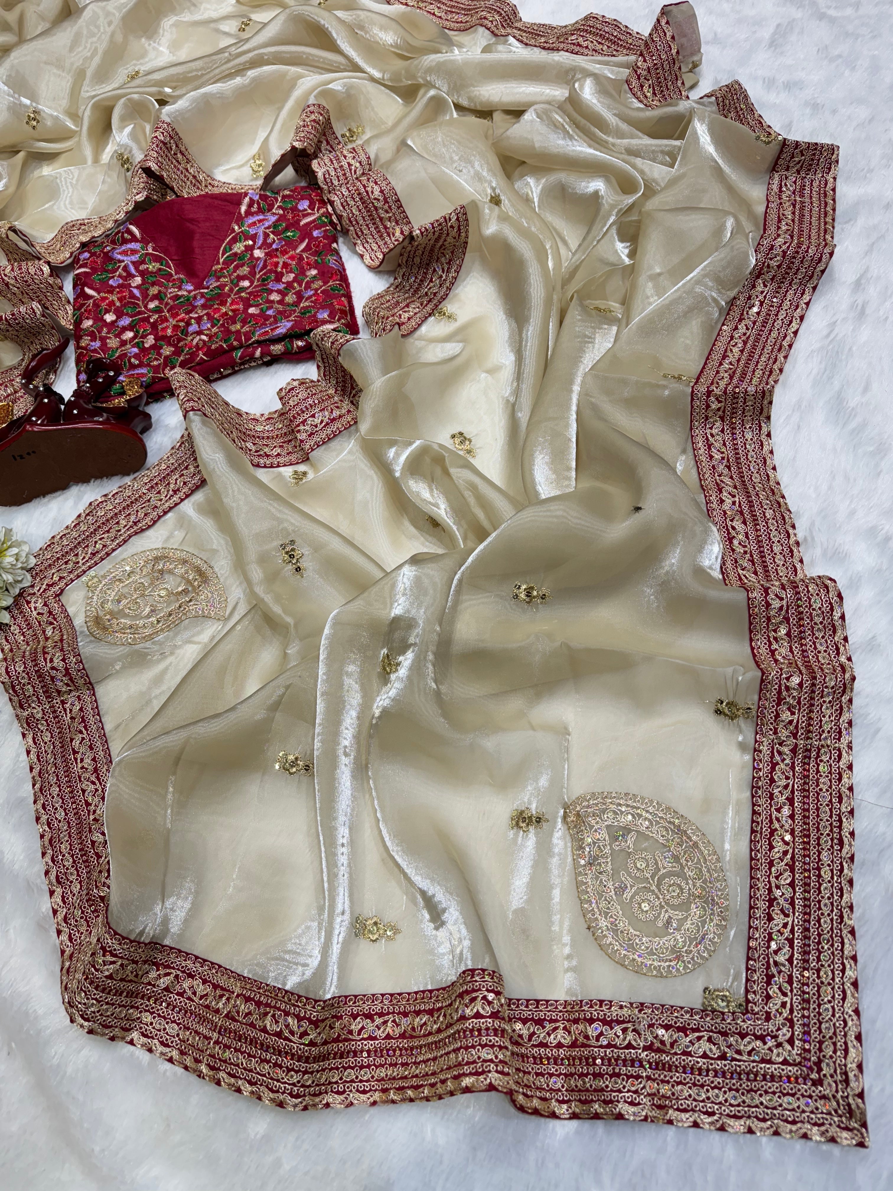 Designer Saree With Sequins And Cording Embroidered Work