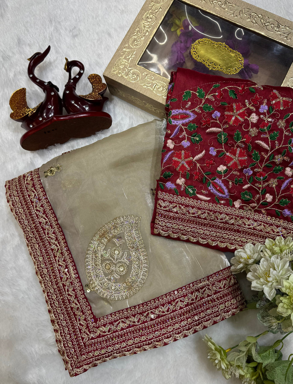 Designer Saree With Sequins And Cording Embroidered Work