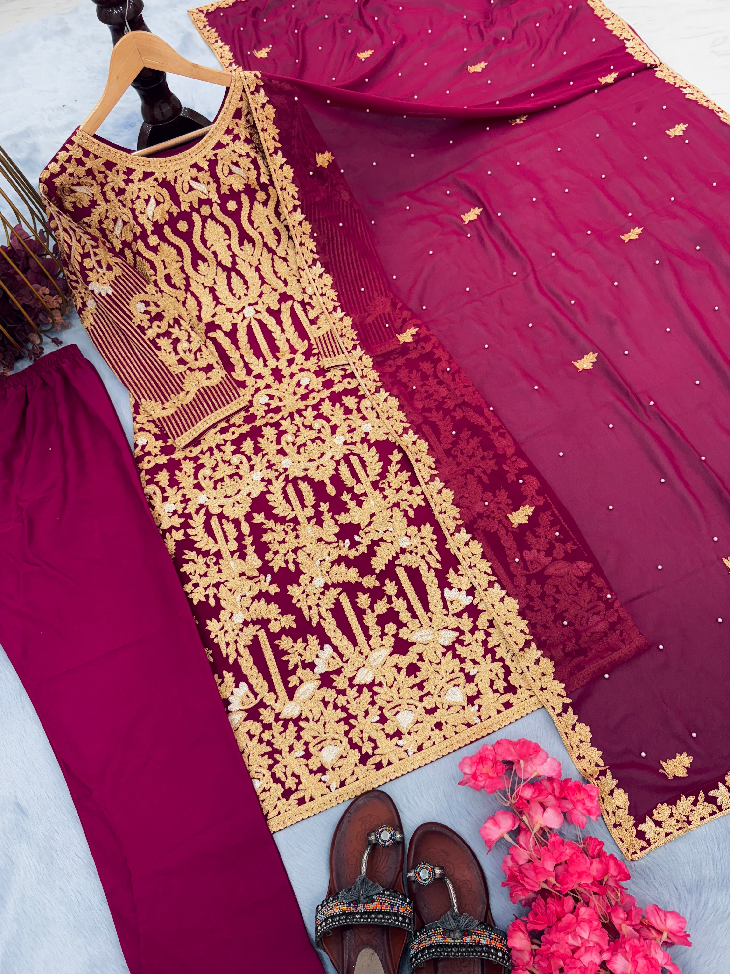 Designer Party Wear Look Heavy Faux Georgette Top Bottom & Dupatta Set
