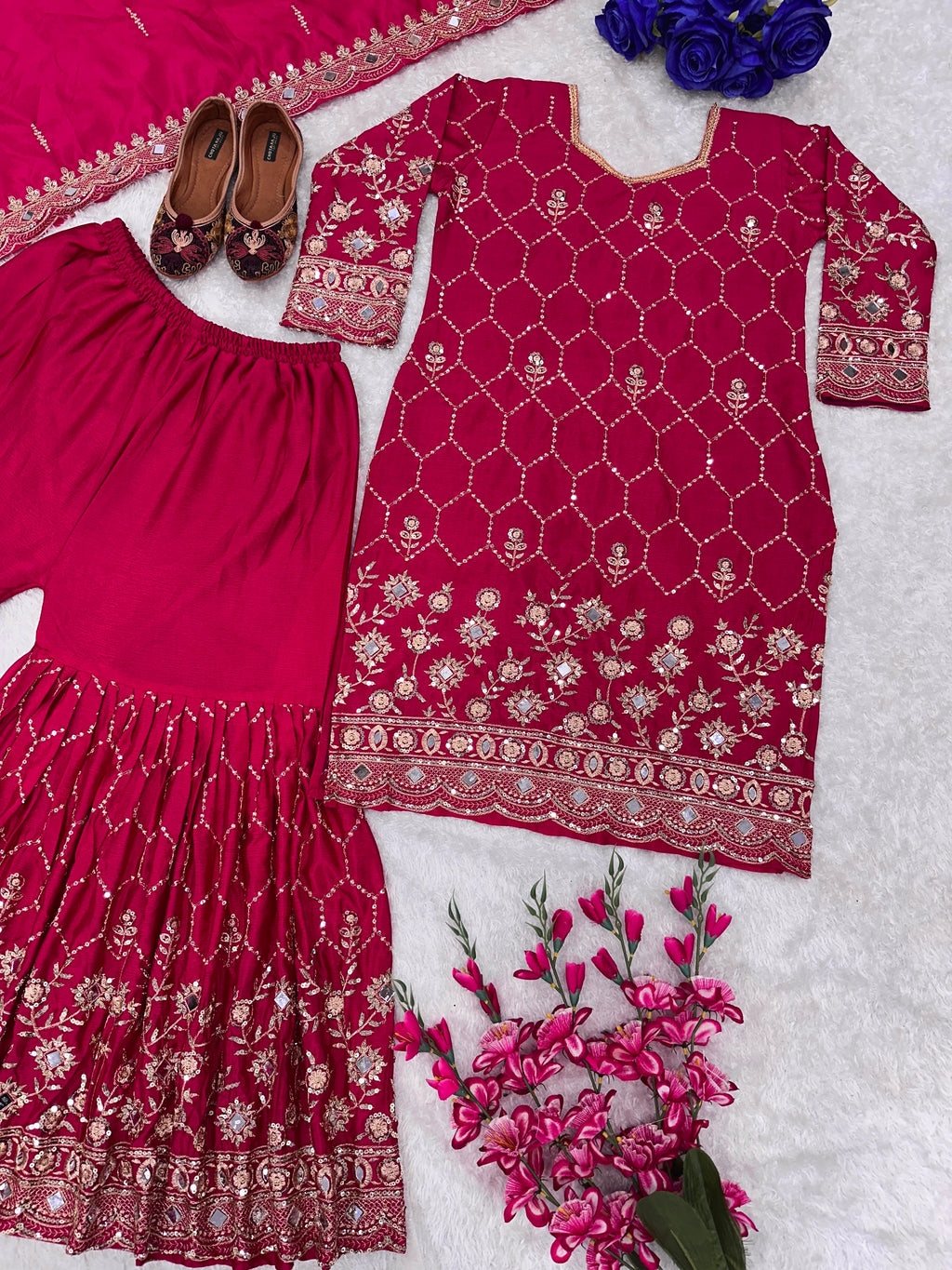 डिज़ाइनर पार्टी वियर टॉप प्लाज़ो और दुपट्टा असली मिरर वर्क के साथ