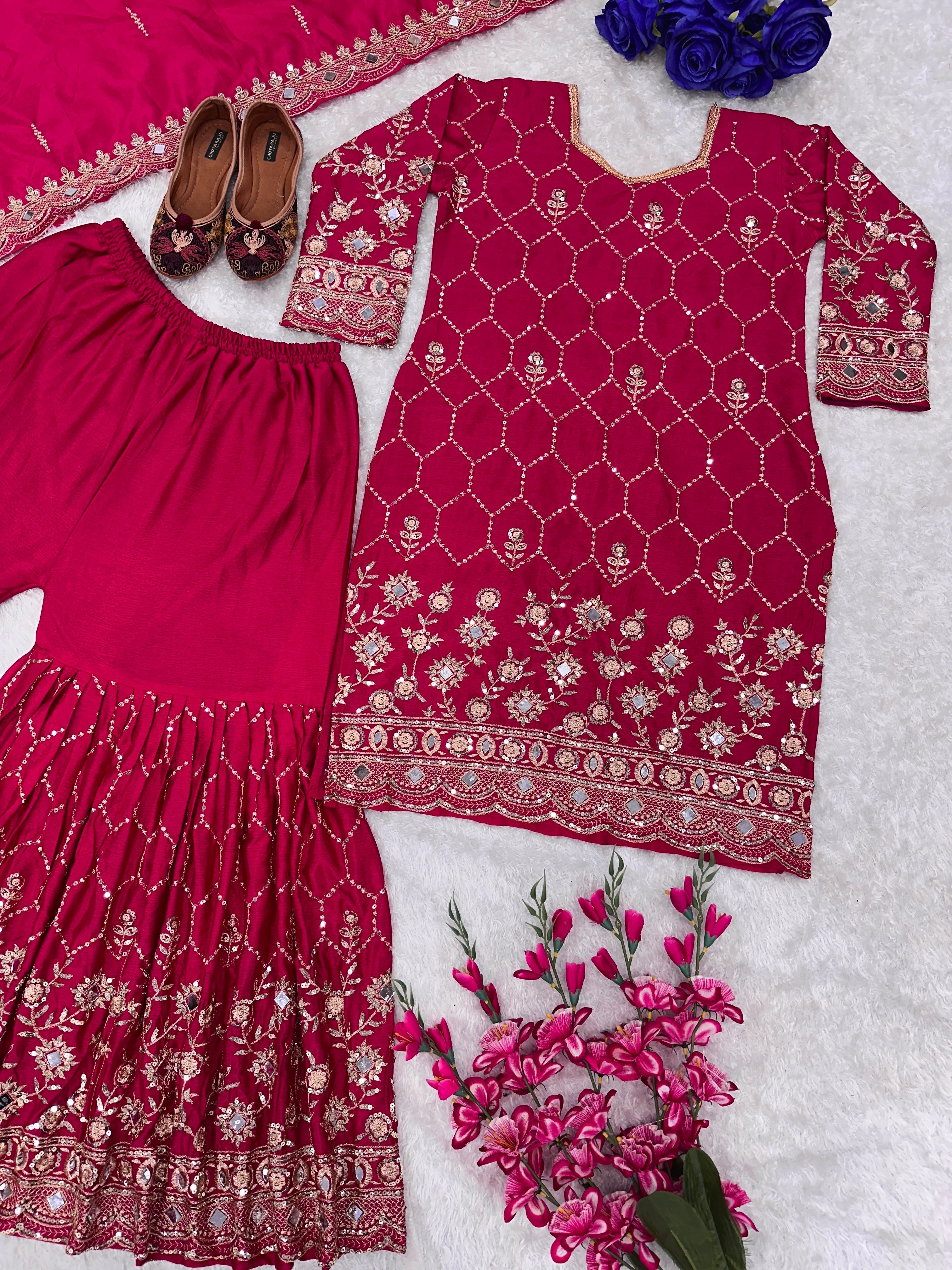 डिज़ाइनर पार्टी वियर टॉप प्लाज़ो और दुपट्टा असली मिरर वर्क के साथ