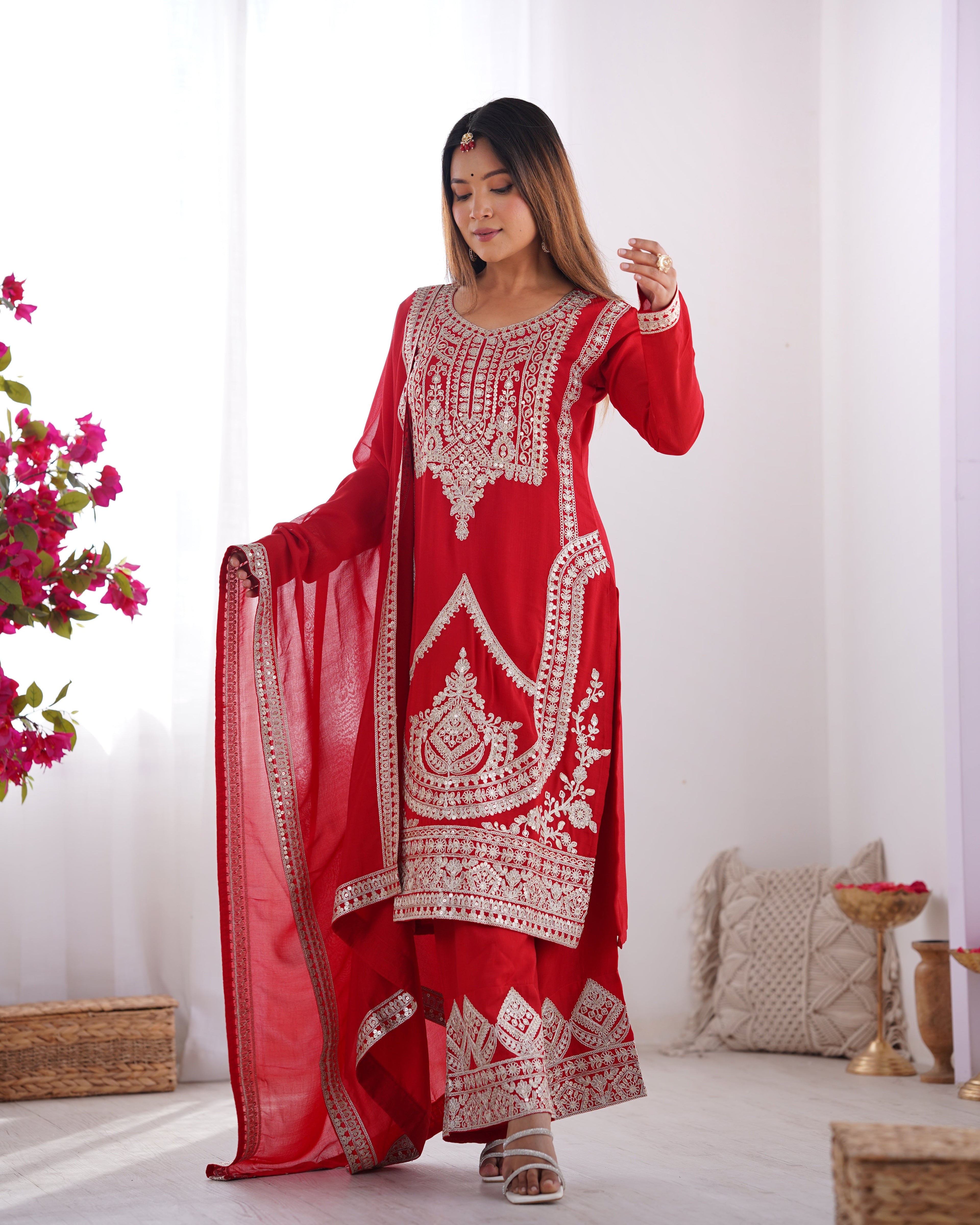 Beautiful Party Wear Top Pent And Dupatta With Embroidery Work