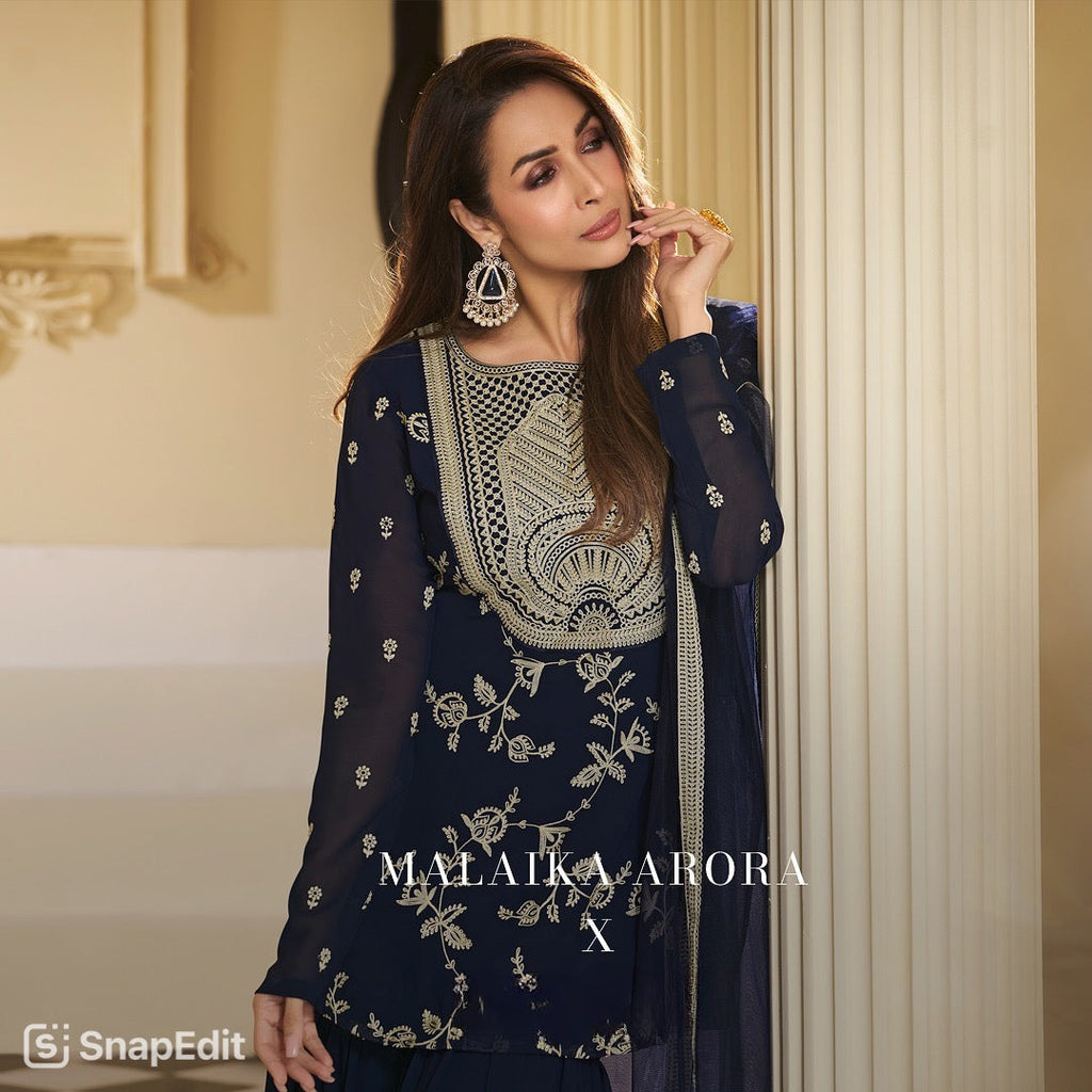 डिज़ाइनर पार्टी वियर लुक टॉप, शरारा प्लाज़ो और दुपट्टा