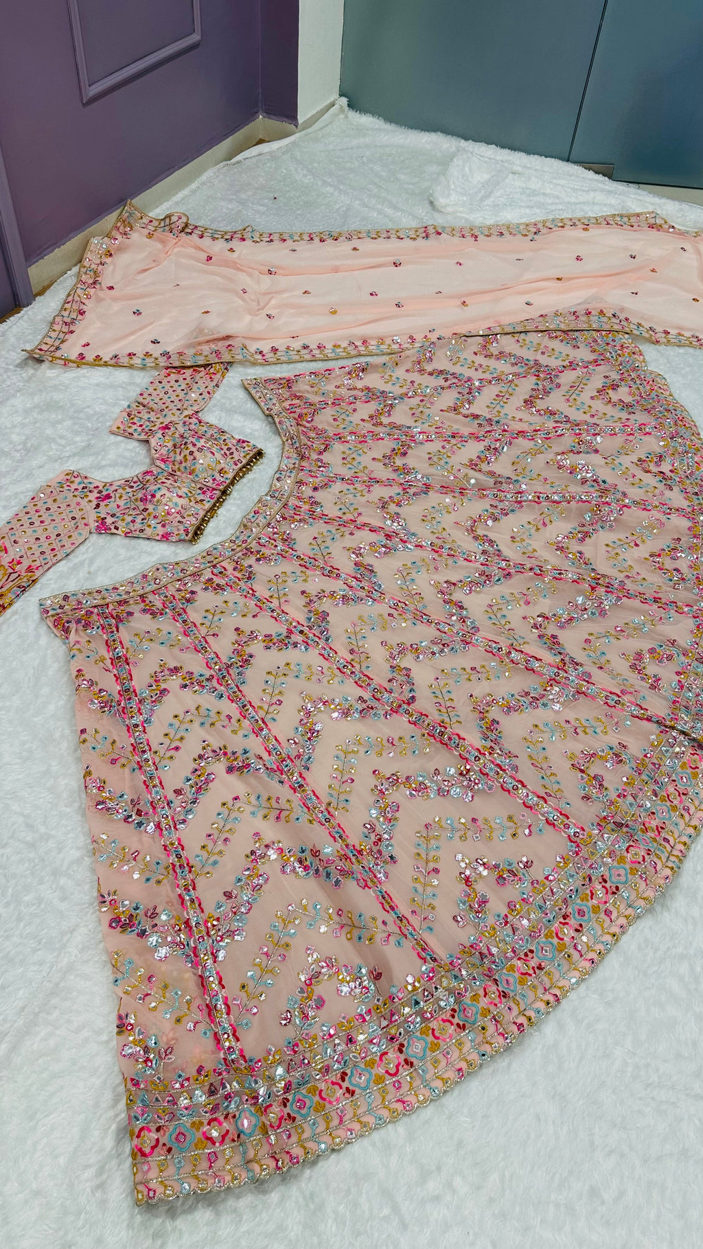 Beautiful Designer Lehenga Choli With Paper Mirror, Zari & Thread Work
