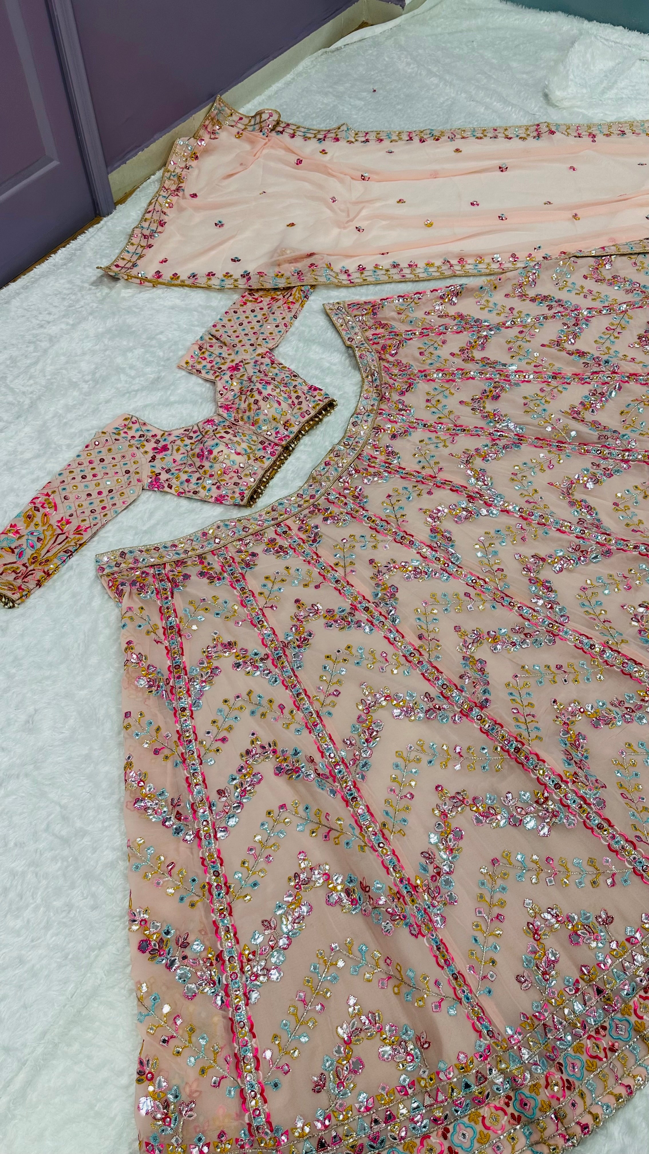 Beautiful Designer Lehenga Choli With Paper Mirror, Zari & Thread Work