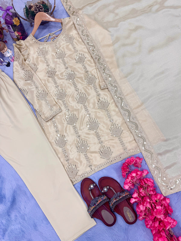 Fancy Party Wear Look Heavy Pure Chinon Silk Top Bottom & Dupatta Set