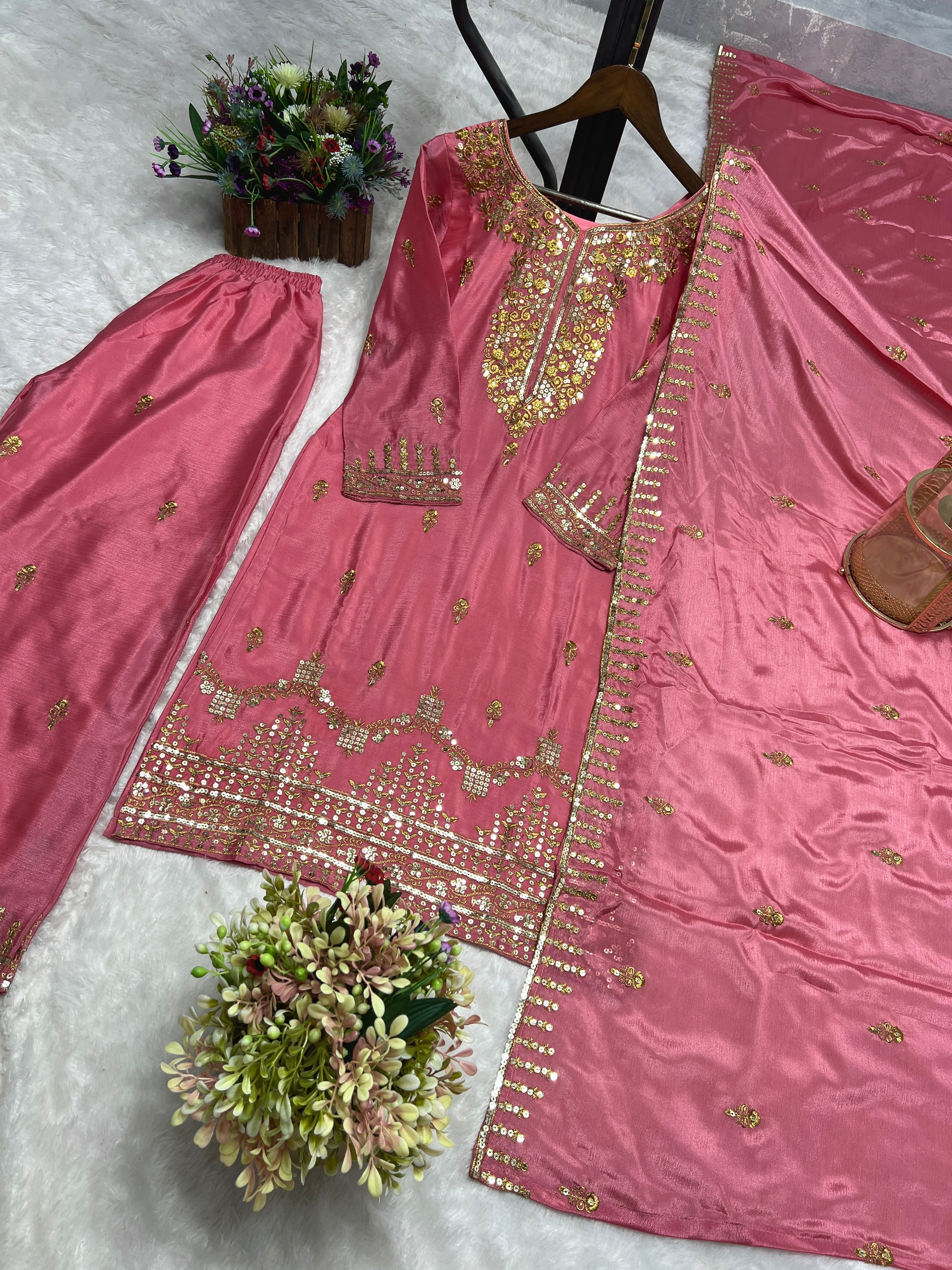 Beautiful Top-Plazzo And Dupatta With Embroidery Sequence Work