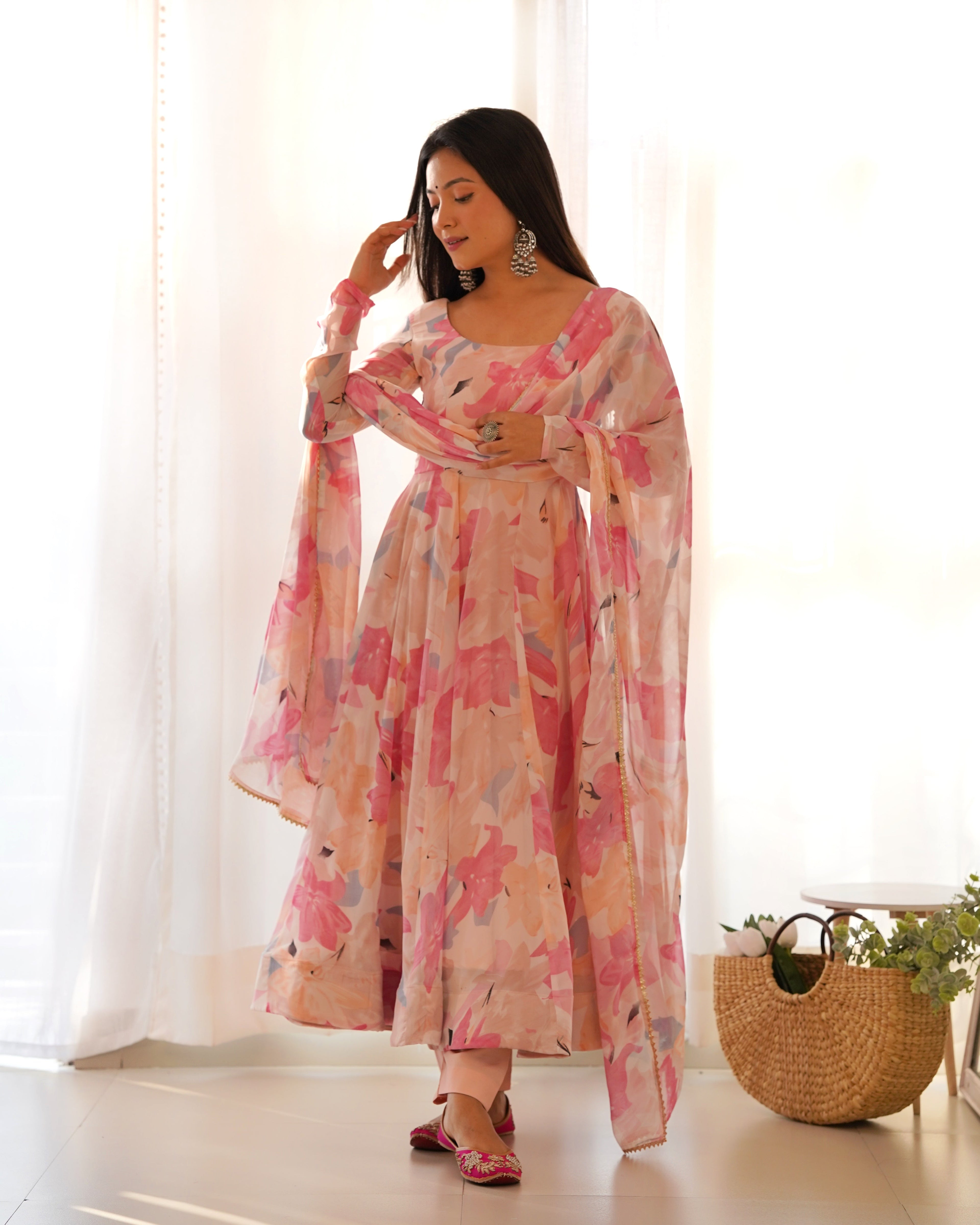 Beautiful Party Wear Anarkali Gown Pent And Dupatta With Floral Print
