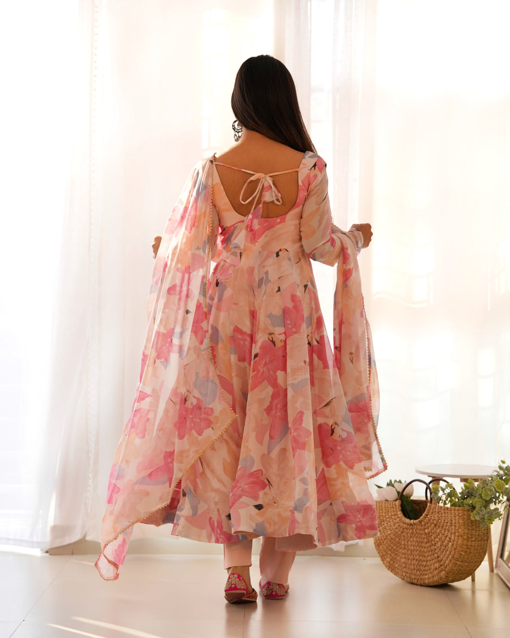 Beautiful Party Wear Anarkali Gown Pent And Dupatta With Floral Print