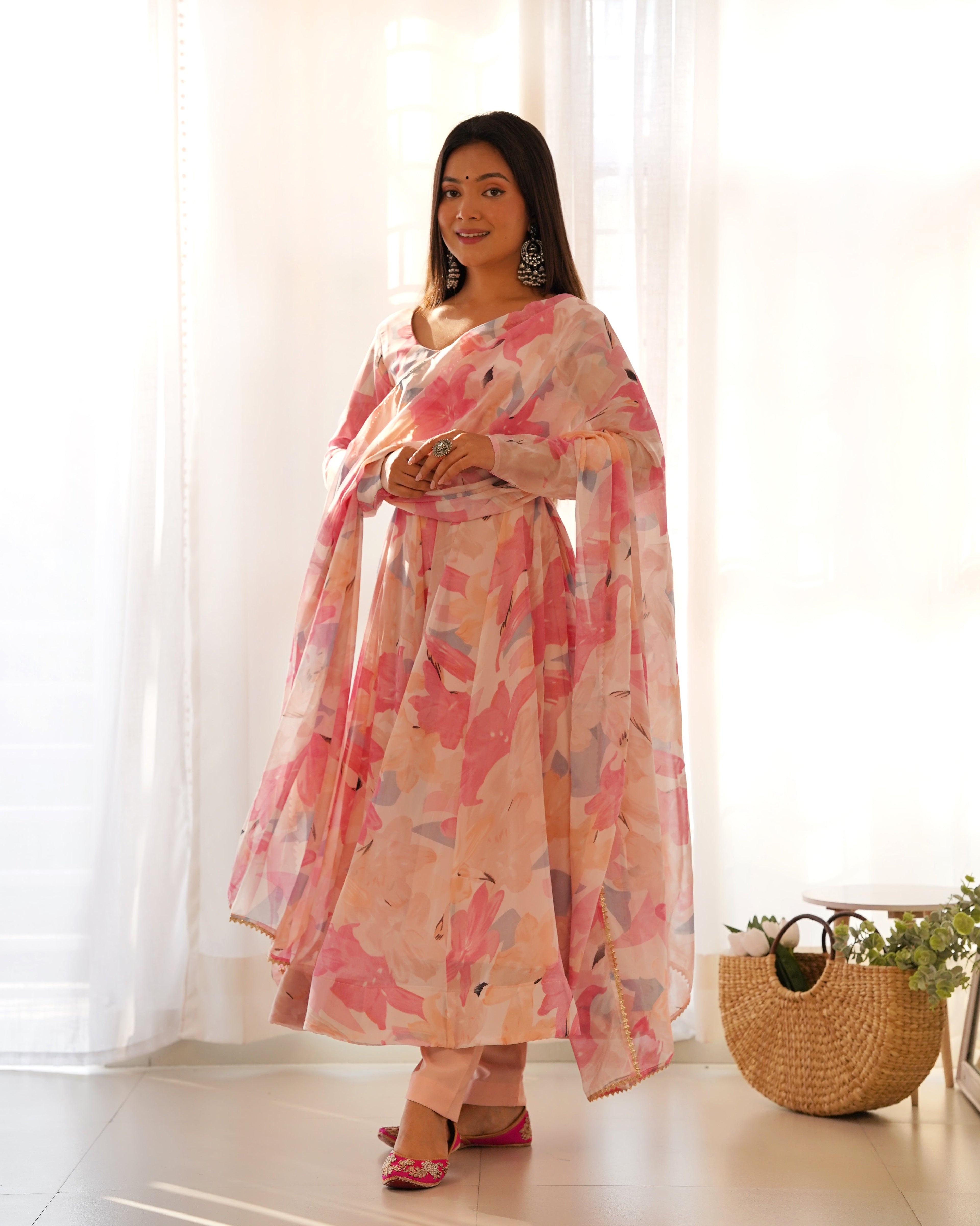 Beautiful Party Wear Anarkali Gown Pent And Dupatta With Floral Print