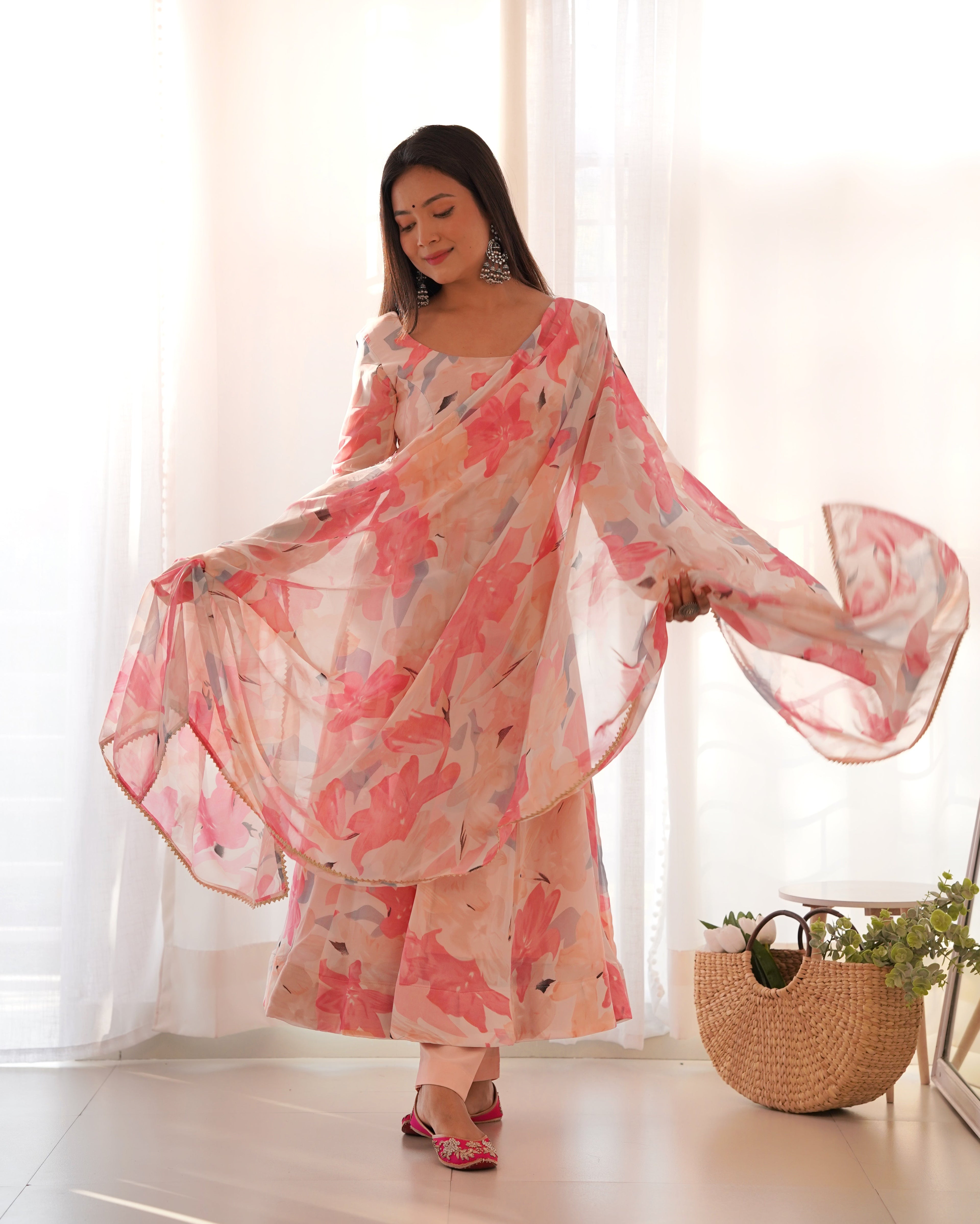 Beautiful Party Wear Anarkali Gown Pent And Dupatta With Floral Print