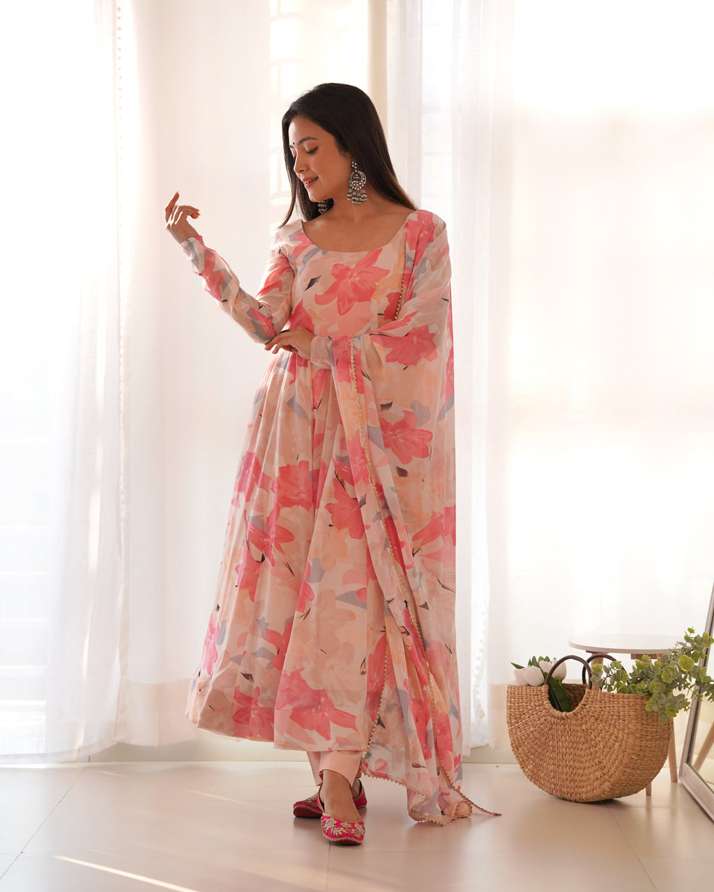 Beautiful Party Wear Anarkali Gown Pent And Dupatta With Floral Print
