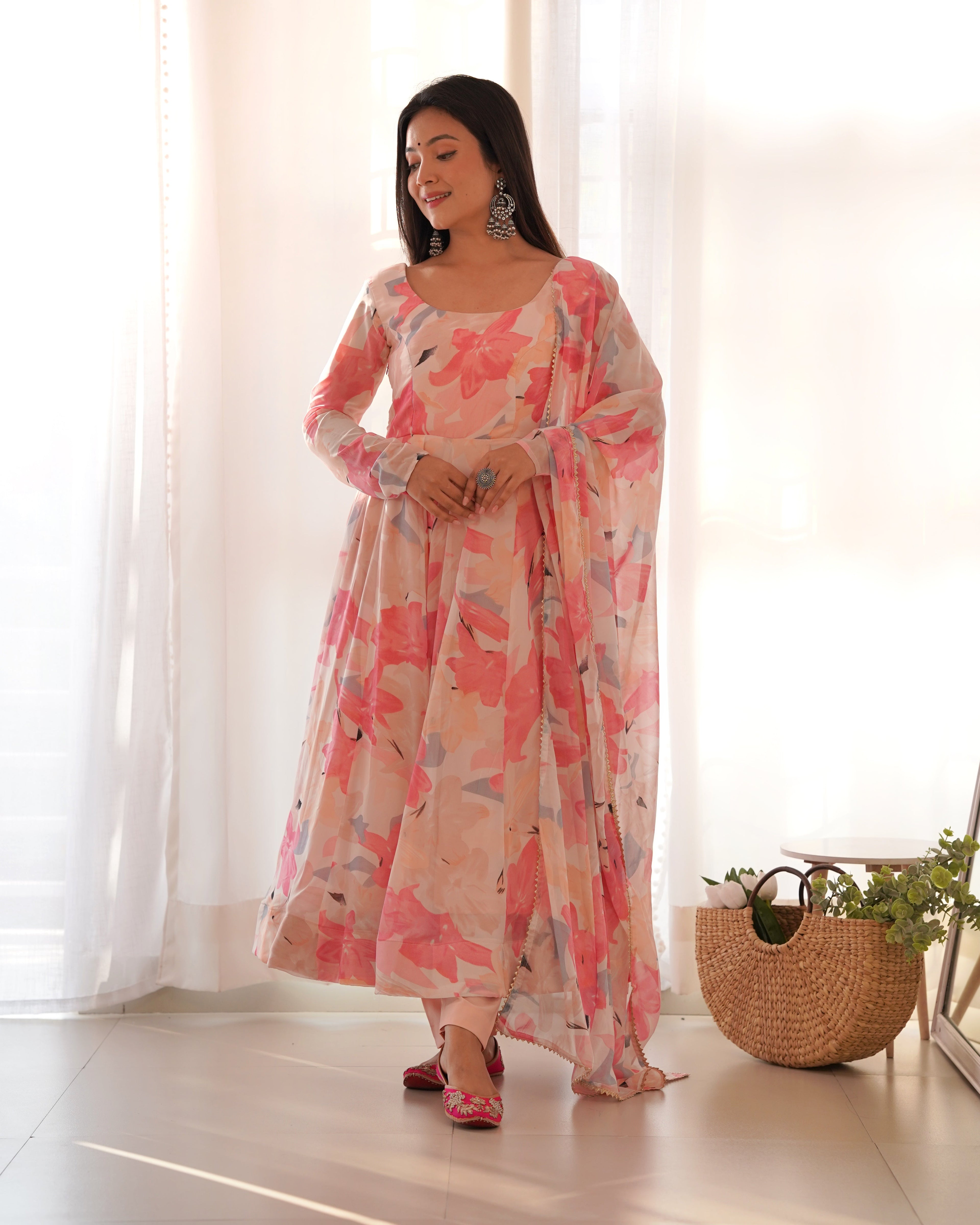 Beautiful Party Wear Anarkali Gown Pent And Dupatta With Floral Print