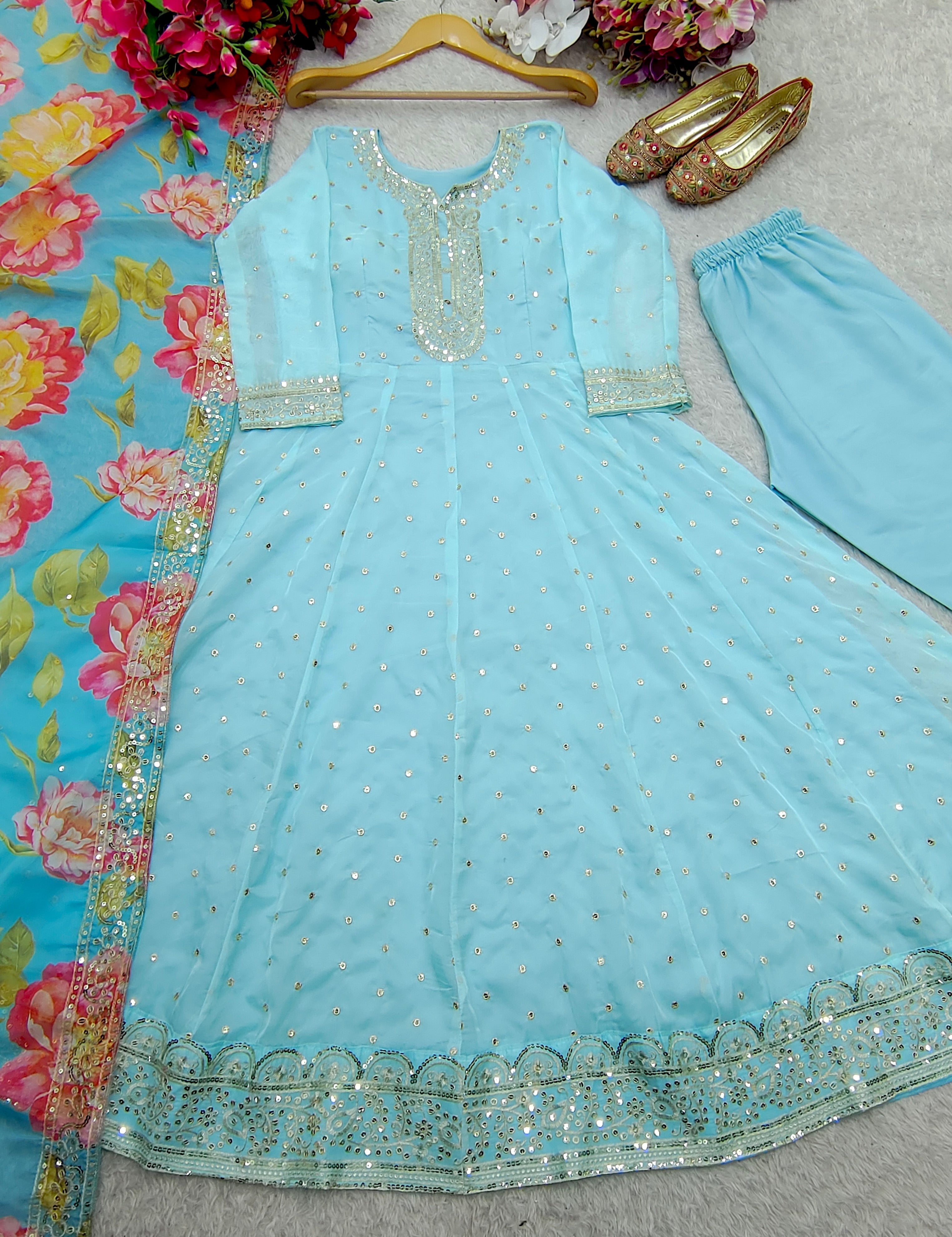 Party Wear Beautiful Organza Anarkali Gown Pent And Dupatta