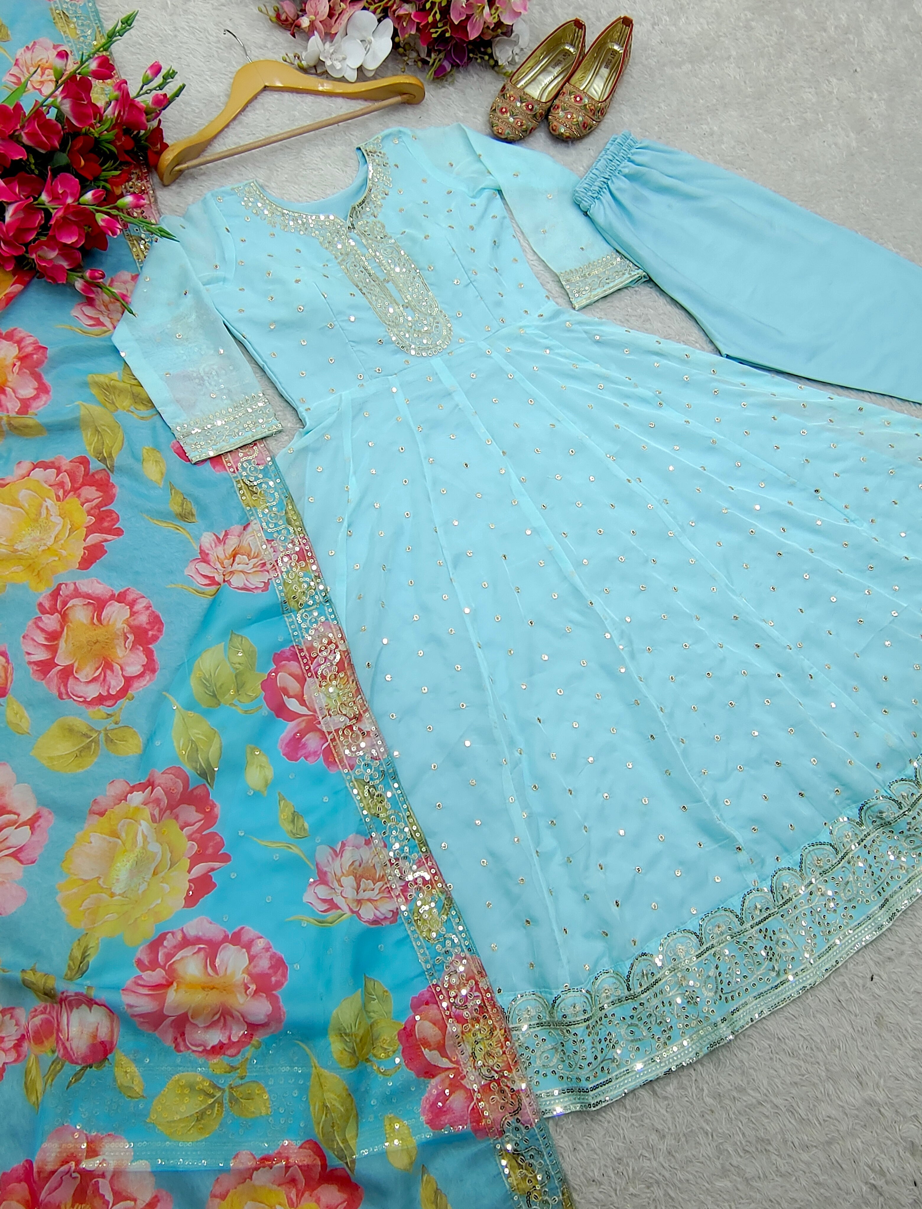 Party Wear Beautiful Organza Anarkali Gown Pent And Dupatta