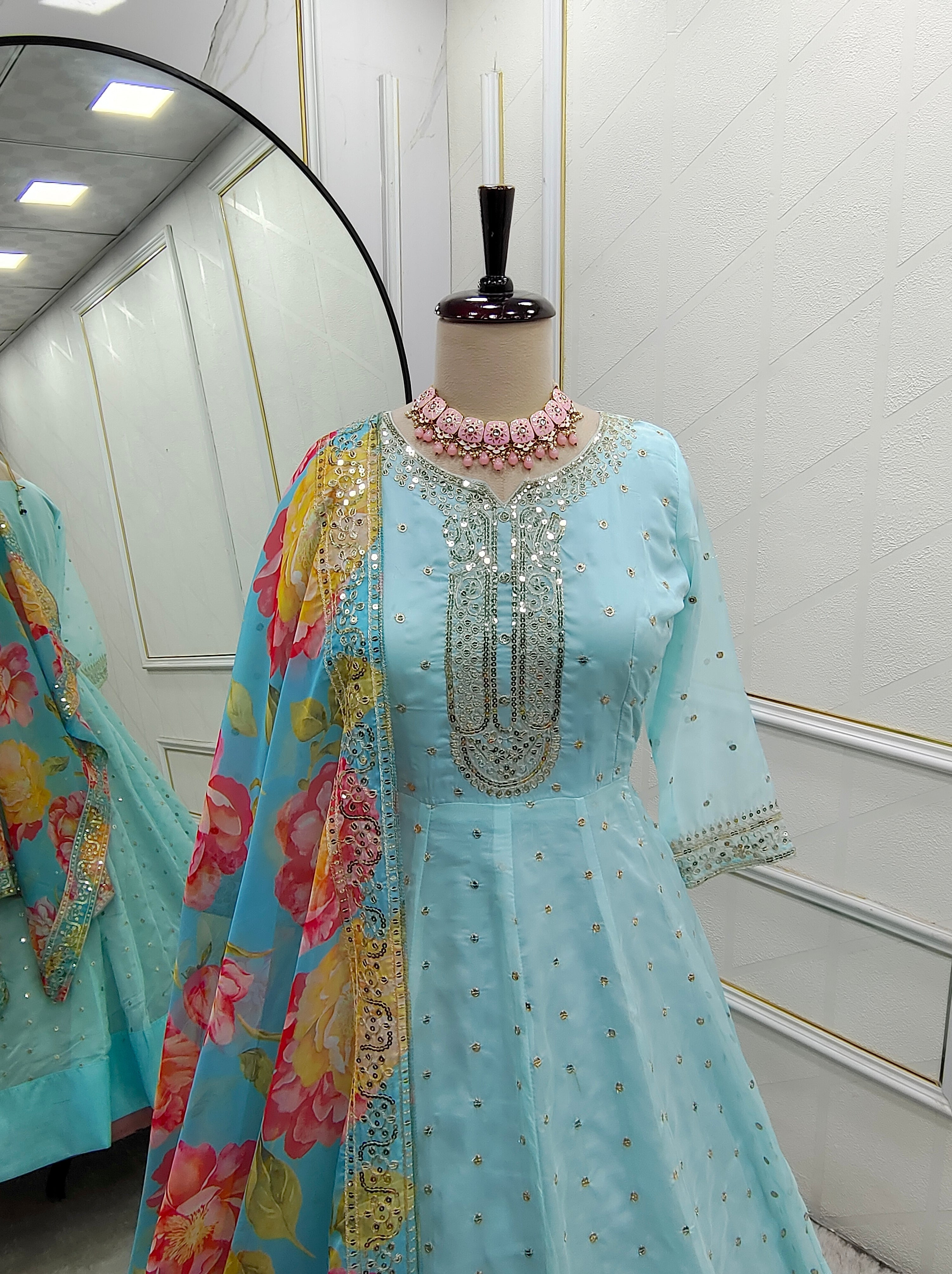 Party Wear Beautiful Organza Anarkali Gown Pent And Dupatta