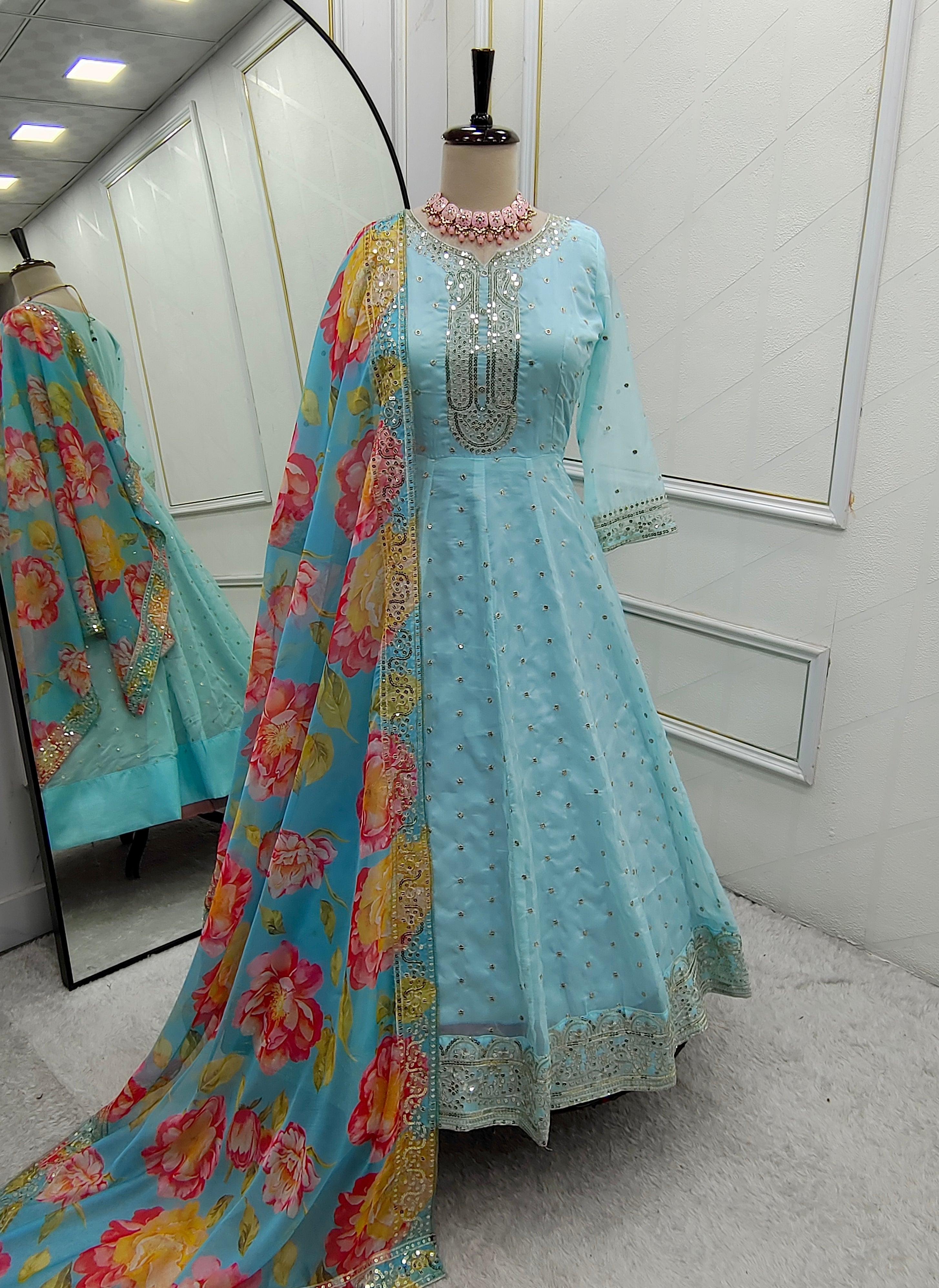 Party Wear Beautiful Organza Anarkali Gown Pent And Dupatta