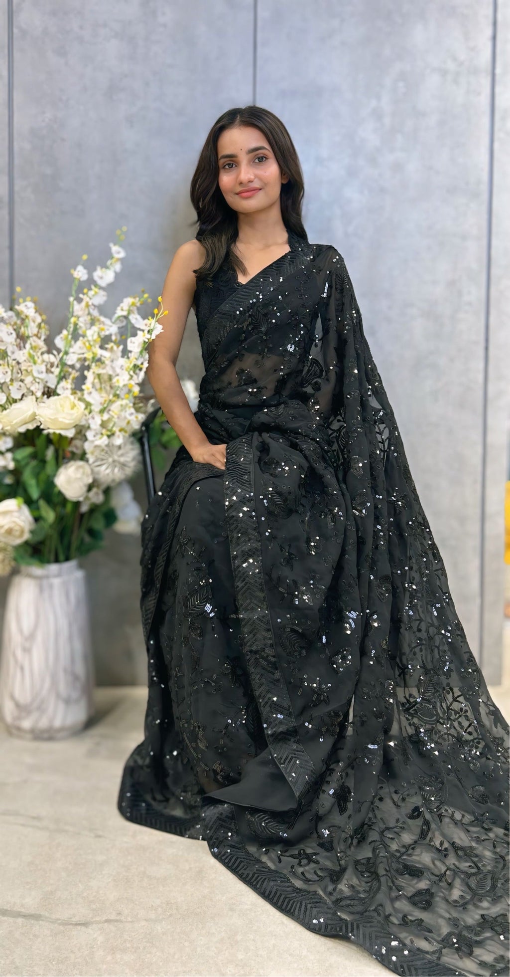 Party Wear Designer Saree With Sequence Embroidery Work