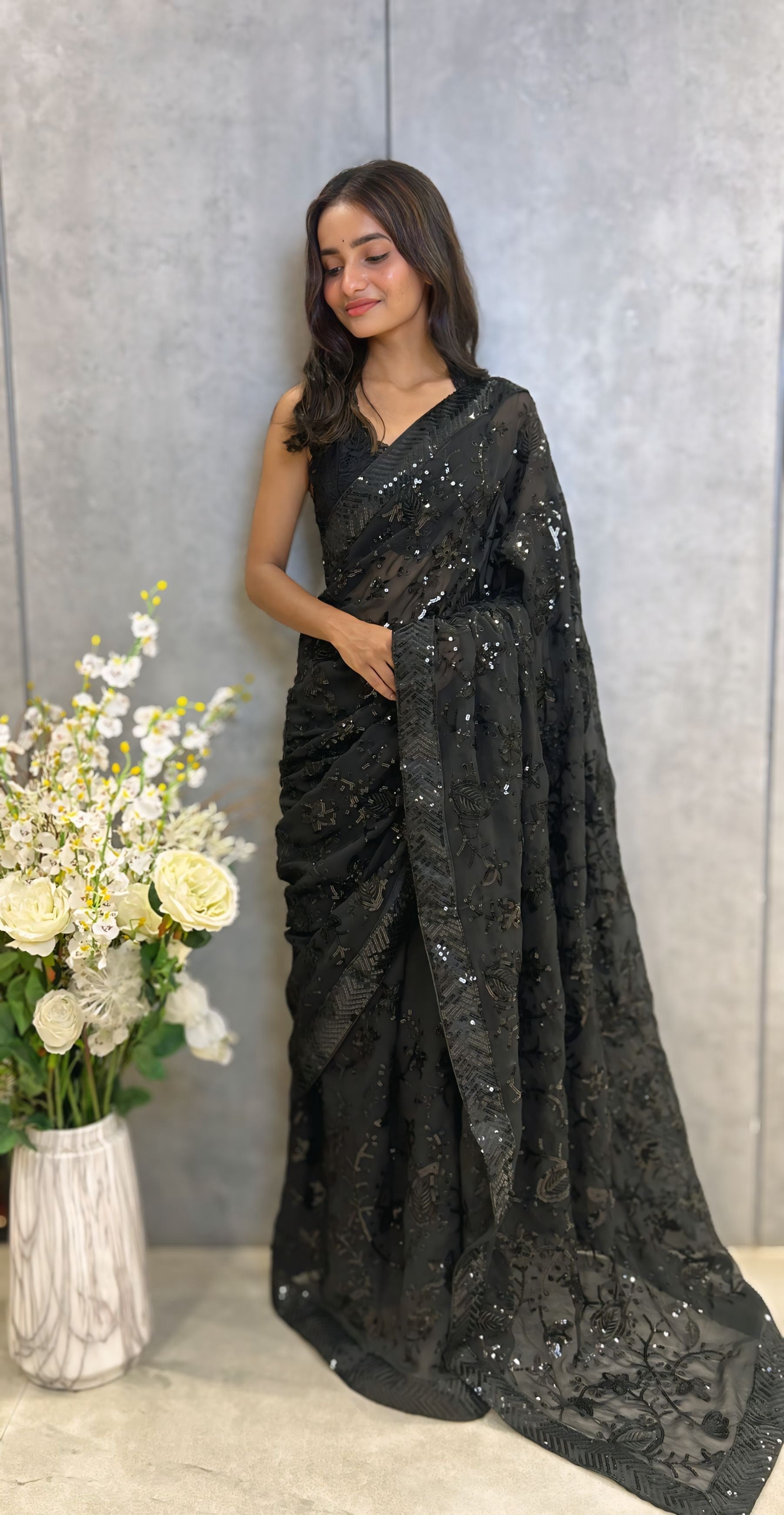 Party Wear Designer Saree With Sequence Embroidery Work