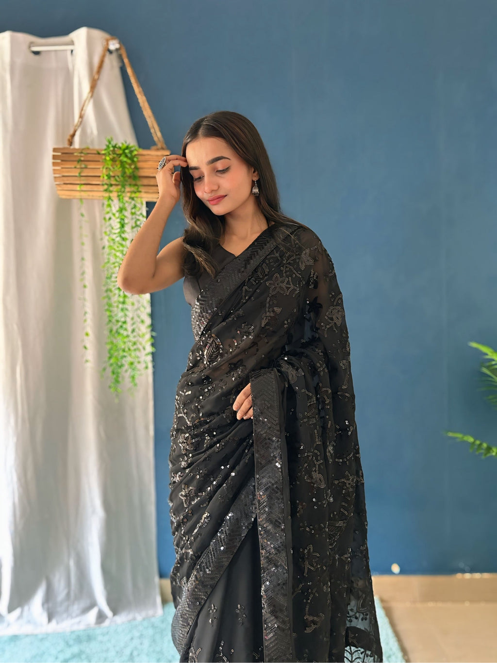 Party Wear Designer Saree With Sequence Embroidery Work